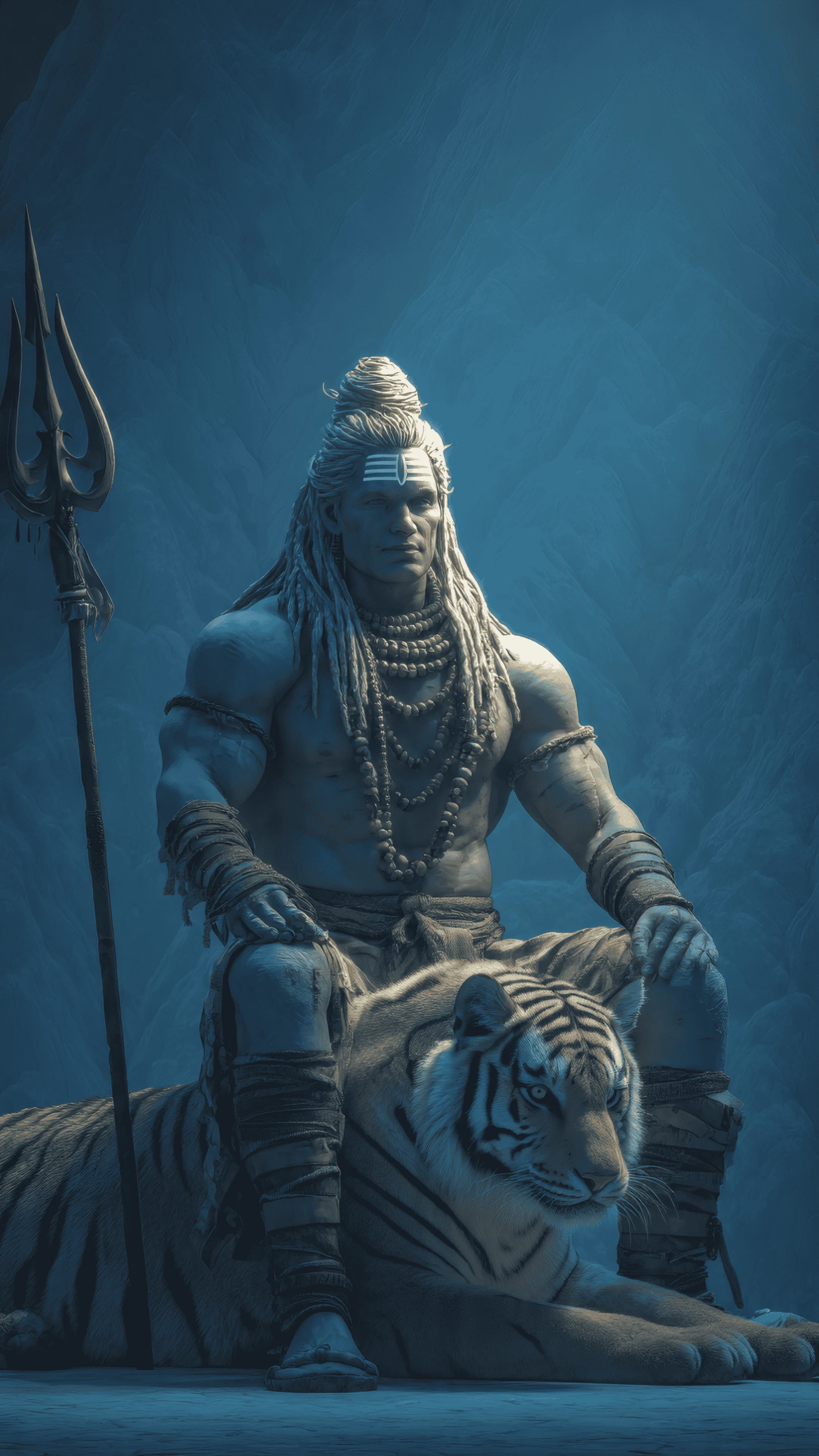 Serene Shiva on Tiger with Trident in Blue Hues