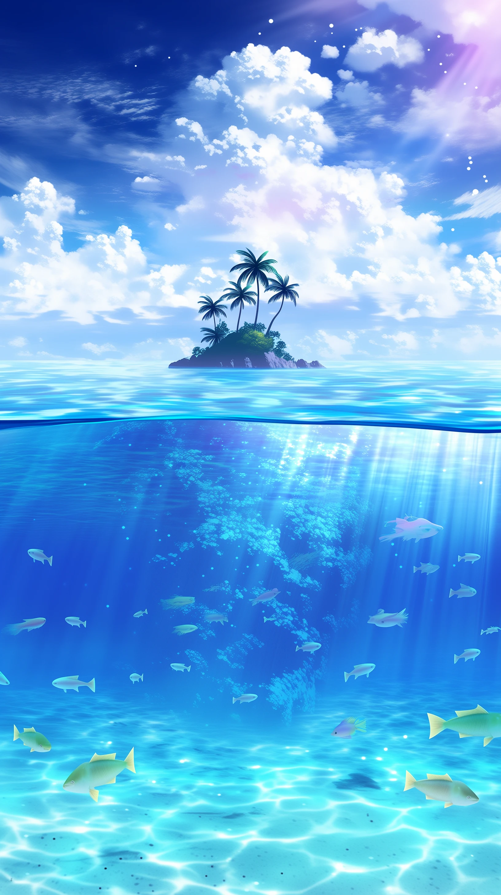 Serene Tropical Island Underwater Scene with Fish