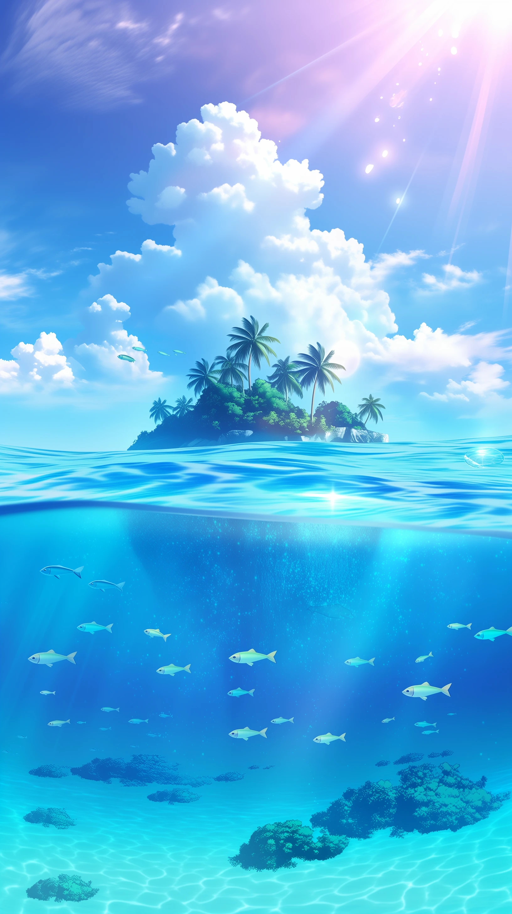 Serene Tropical Island with Underwater Fish View