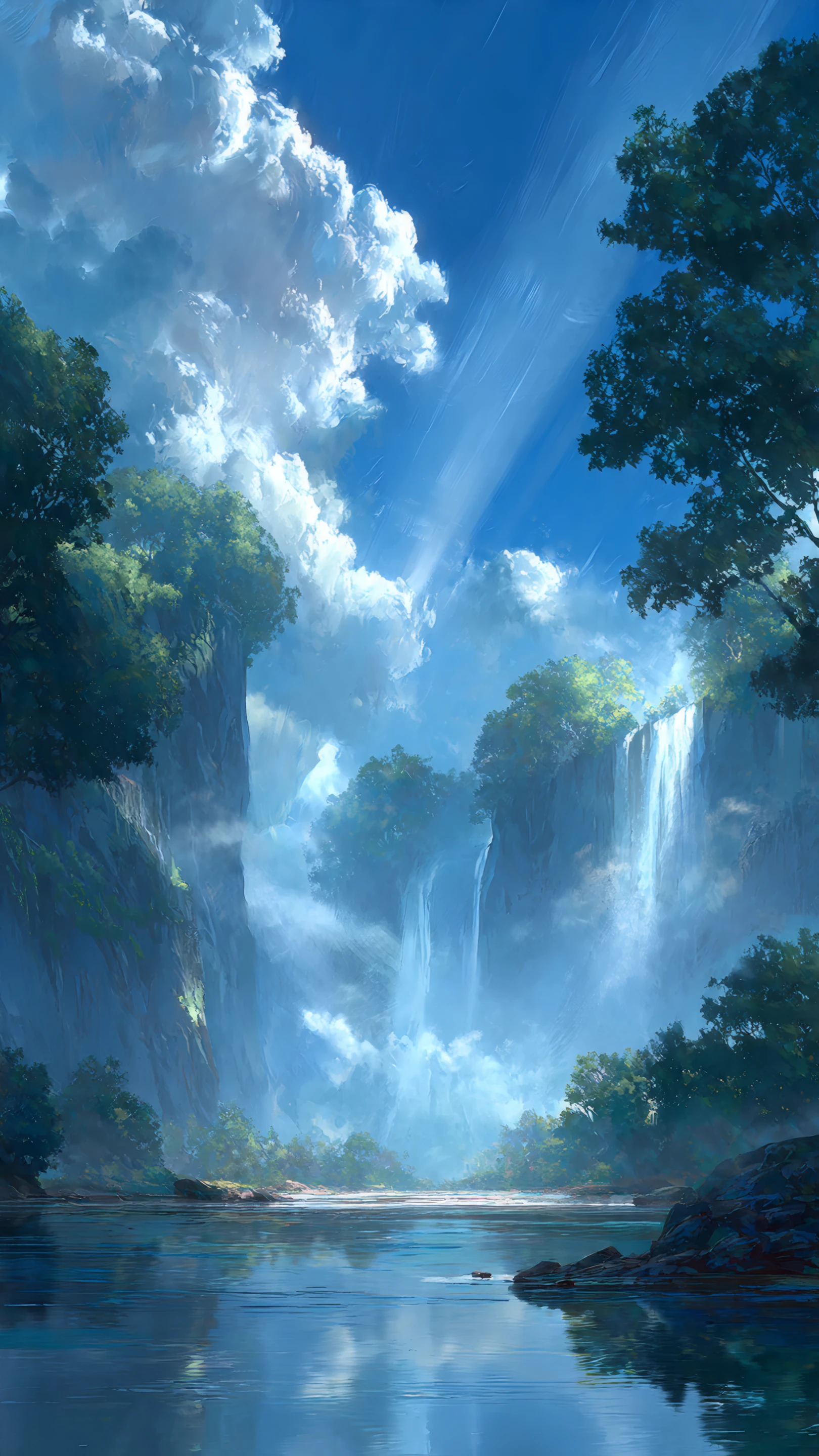 Serene Waterfall Valley with Azure Sky