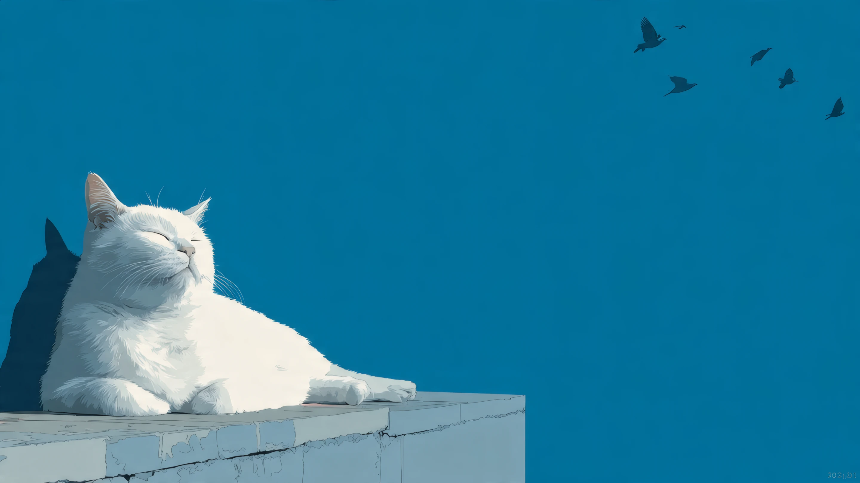 Serene White Cat Enjoying Sunlight on Blue Background