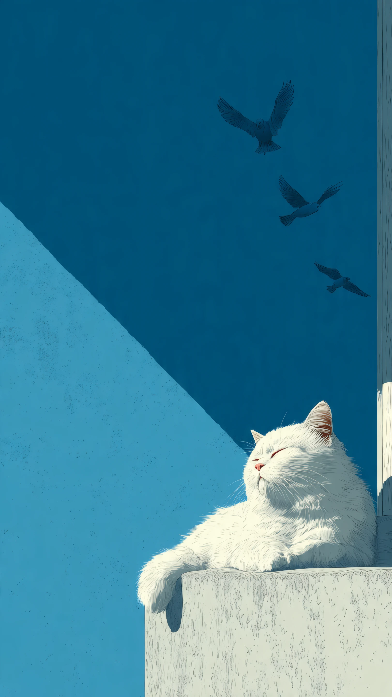 Serene White Cat Gazing at Birds in Blue Sky