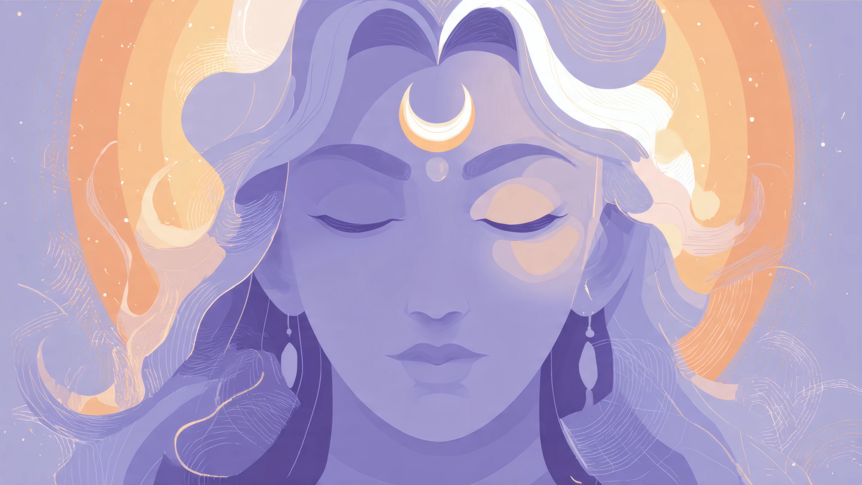 Serene Woman with Moon Symbol in Lavender and Peach Tones