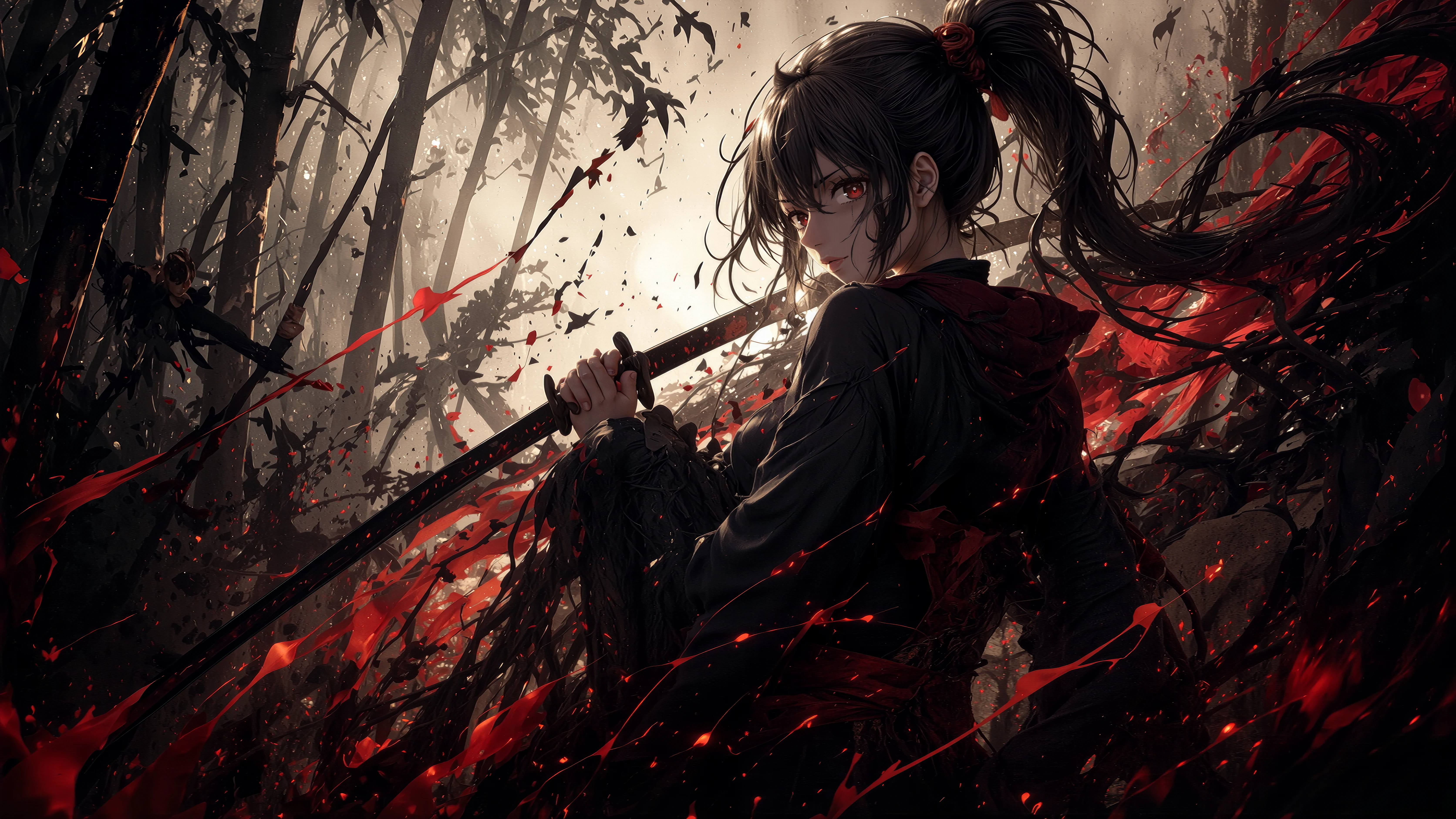 Shadow Samurai Girl with Katana in Crimson Forest Anime wallpaper 6688x3764