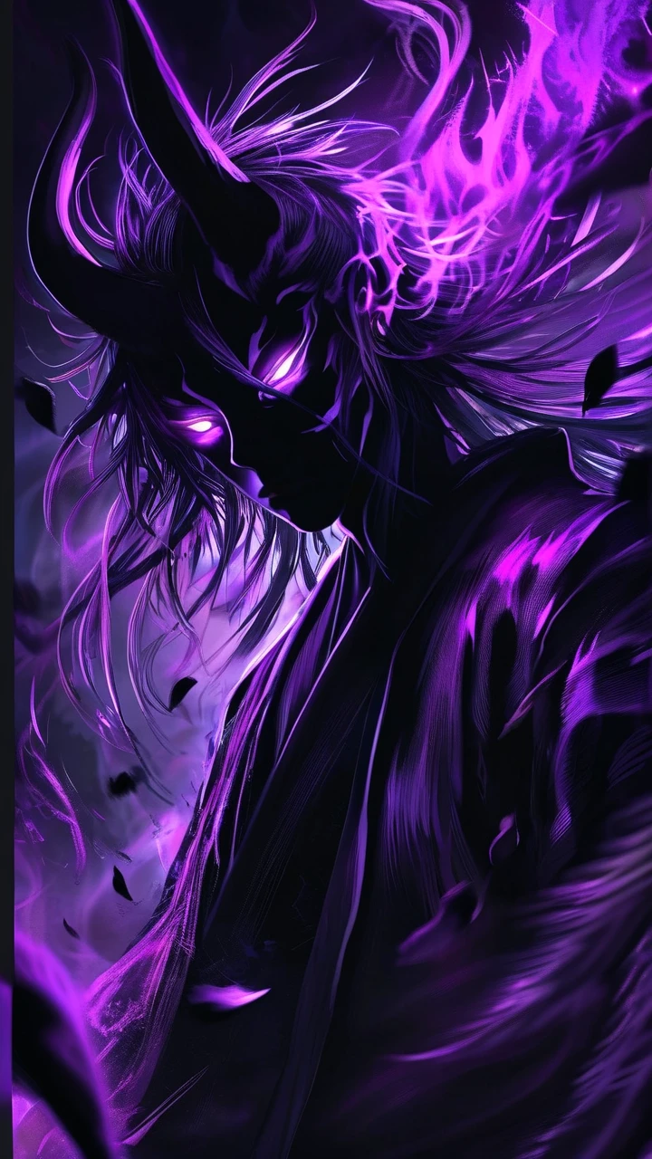 Shadowy Anime Warrior with Glowing Purple Horns Wallpaper