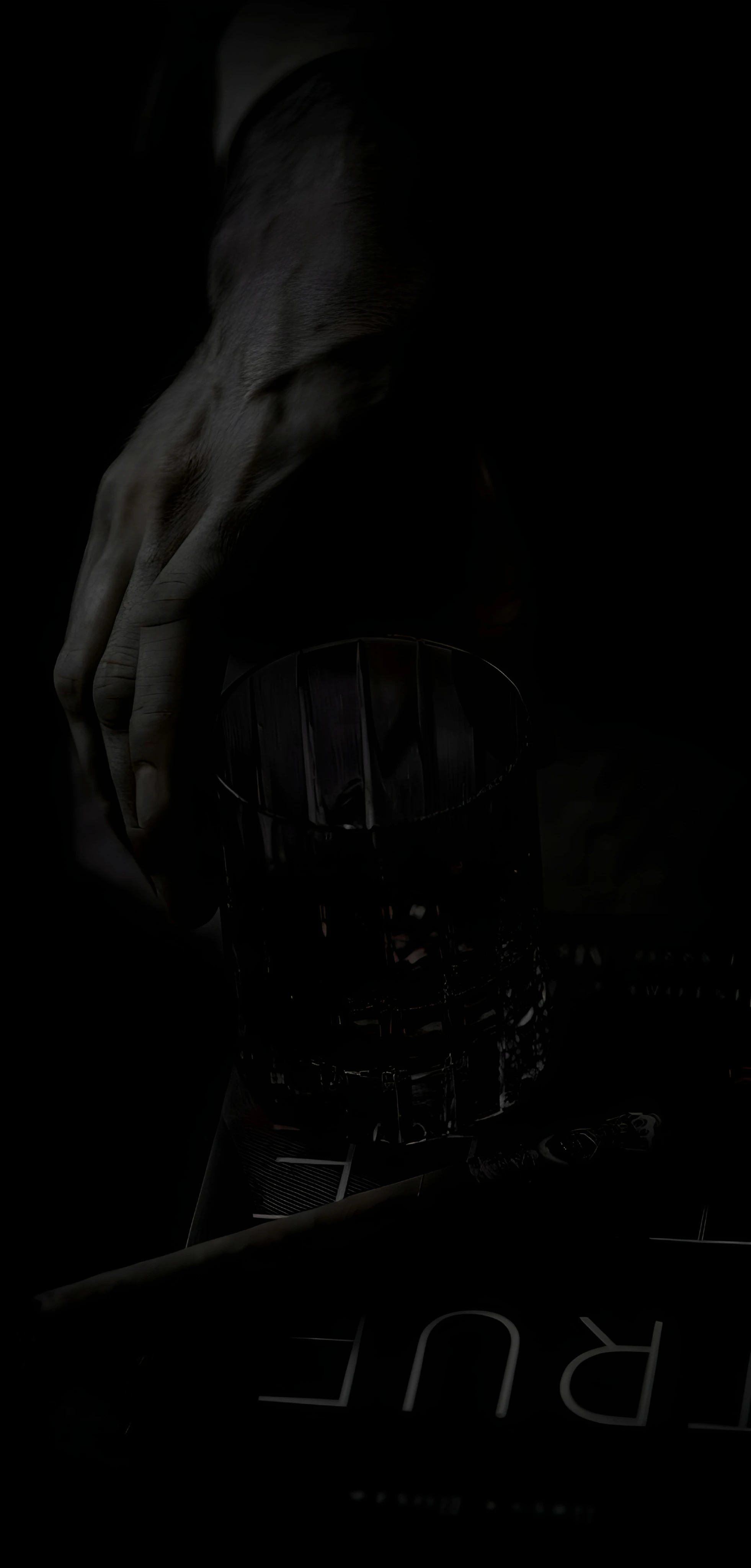Shadowy Hand Grasping a Whiskey Glass in Midnight Silence Moody wallpaper 1962x4096