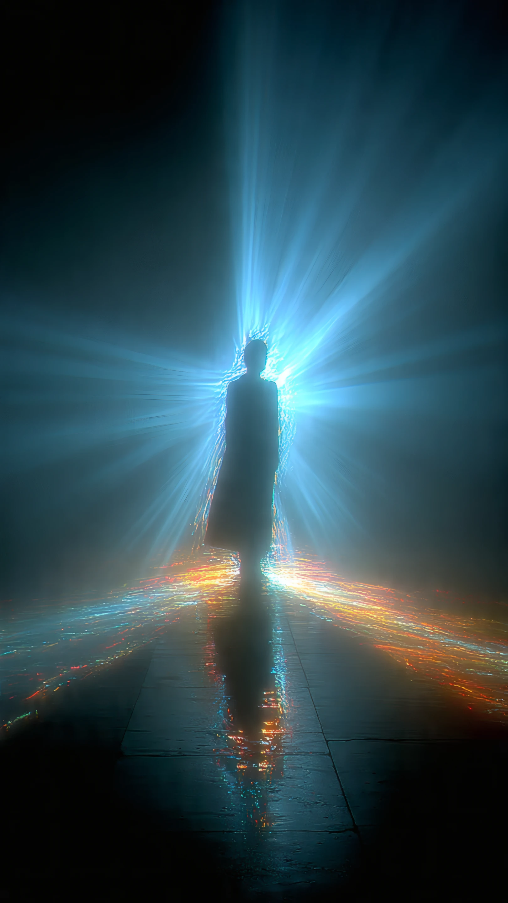 Silhouette Figure Standing in Blinding Light Beams
