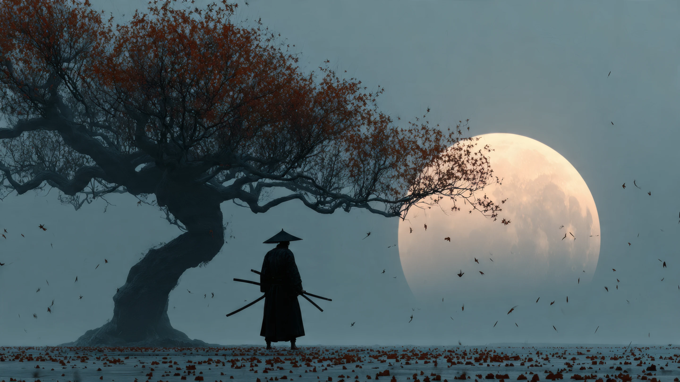 Silhouette of a Samurai with Swords Under a Tree