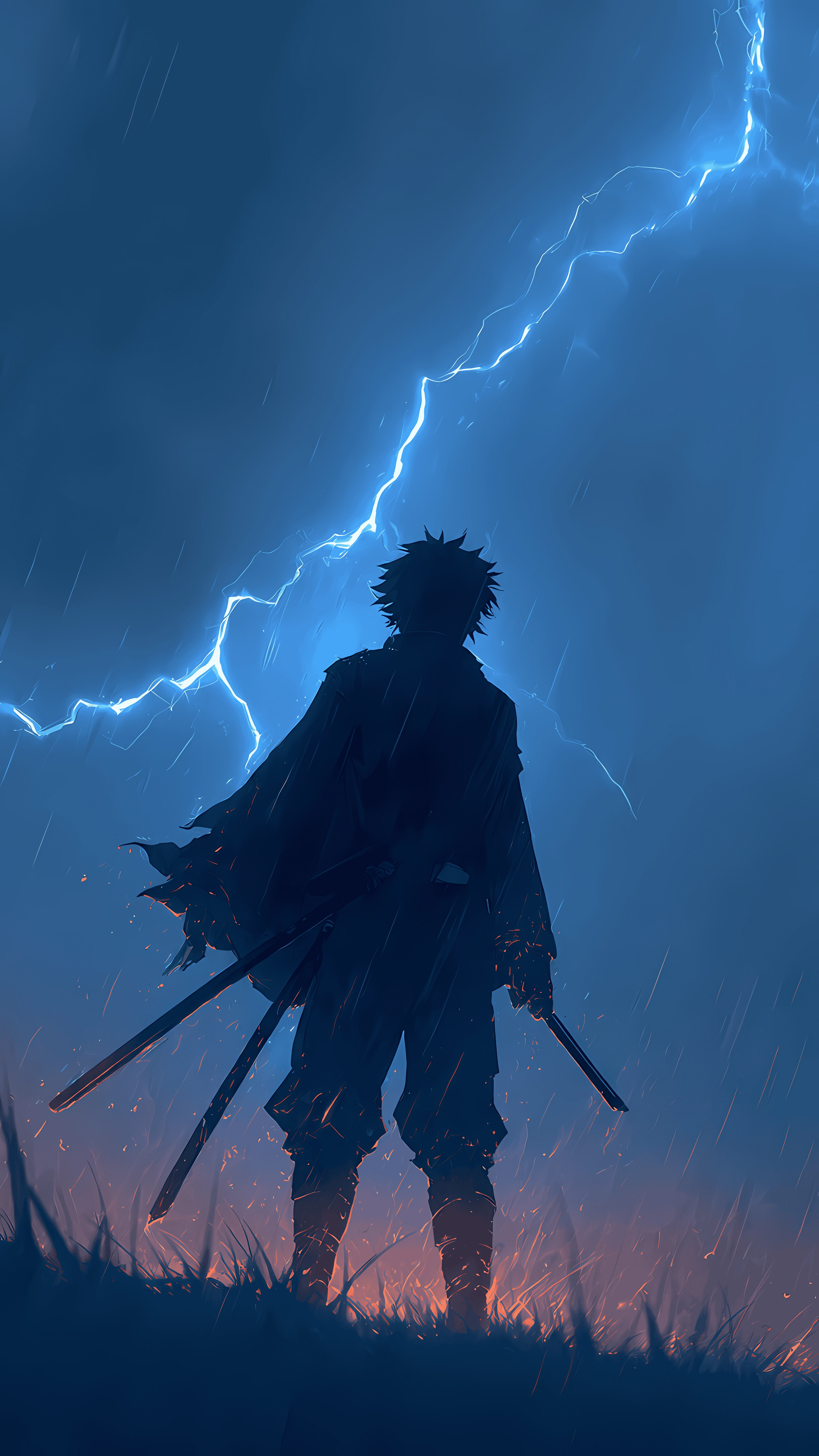 Silhouette of Anime Swordsman Under Electric Storm