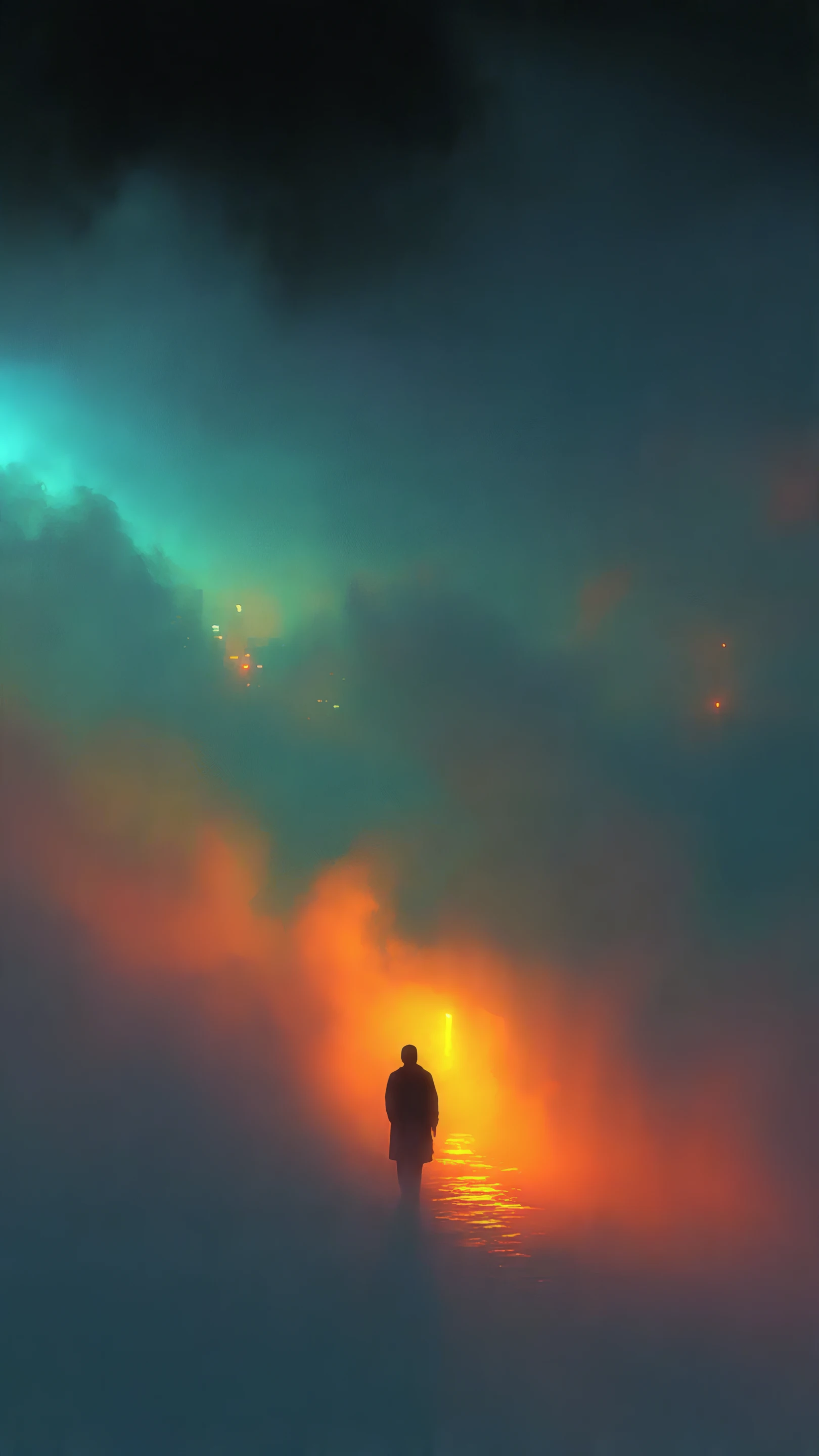 Silhouette of Man Walking Towards a Bright Light in Fog