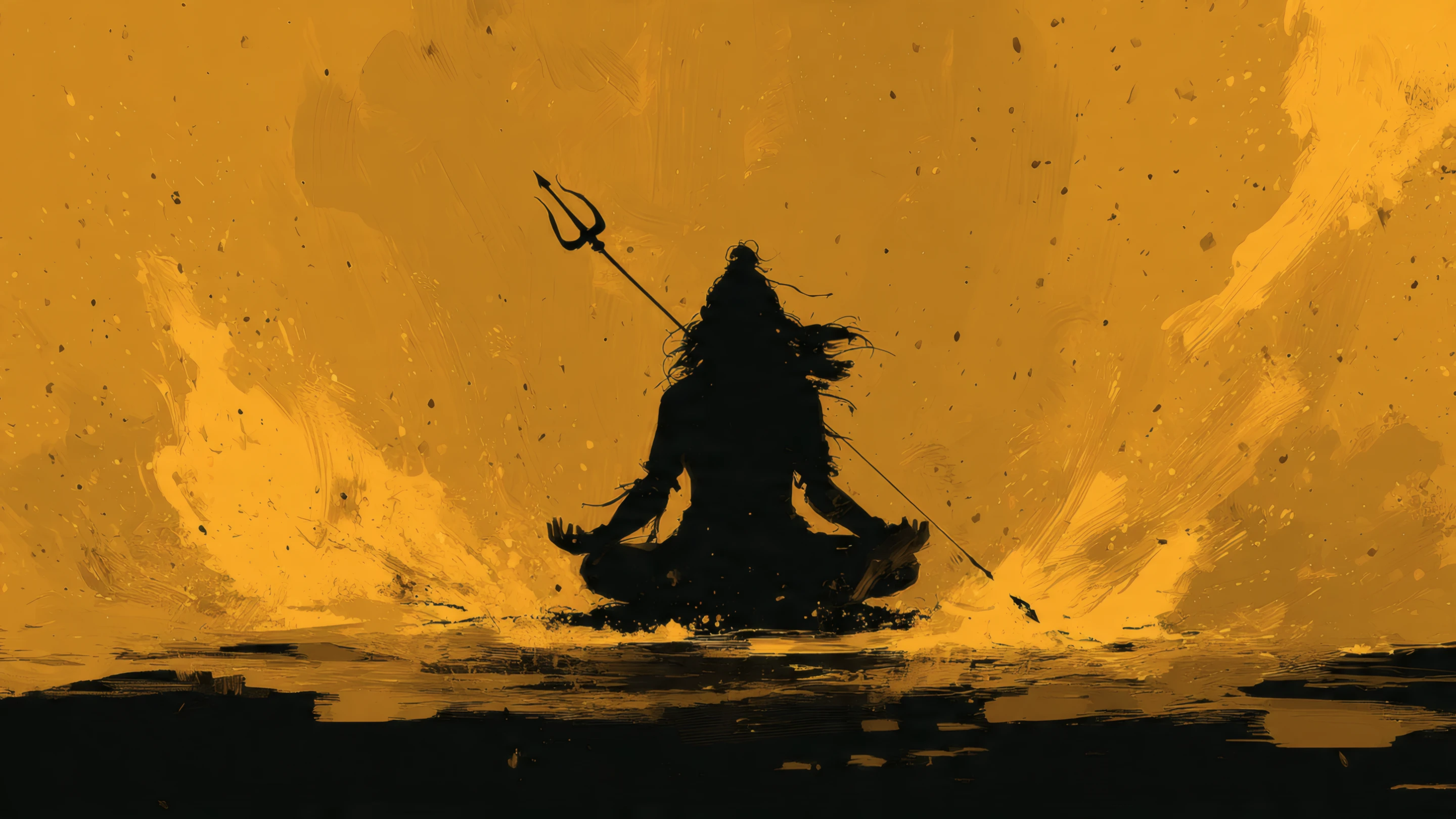 Silhouette of Meditating Figure with Trident on Gold