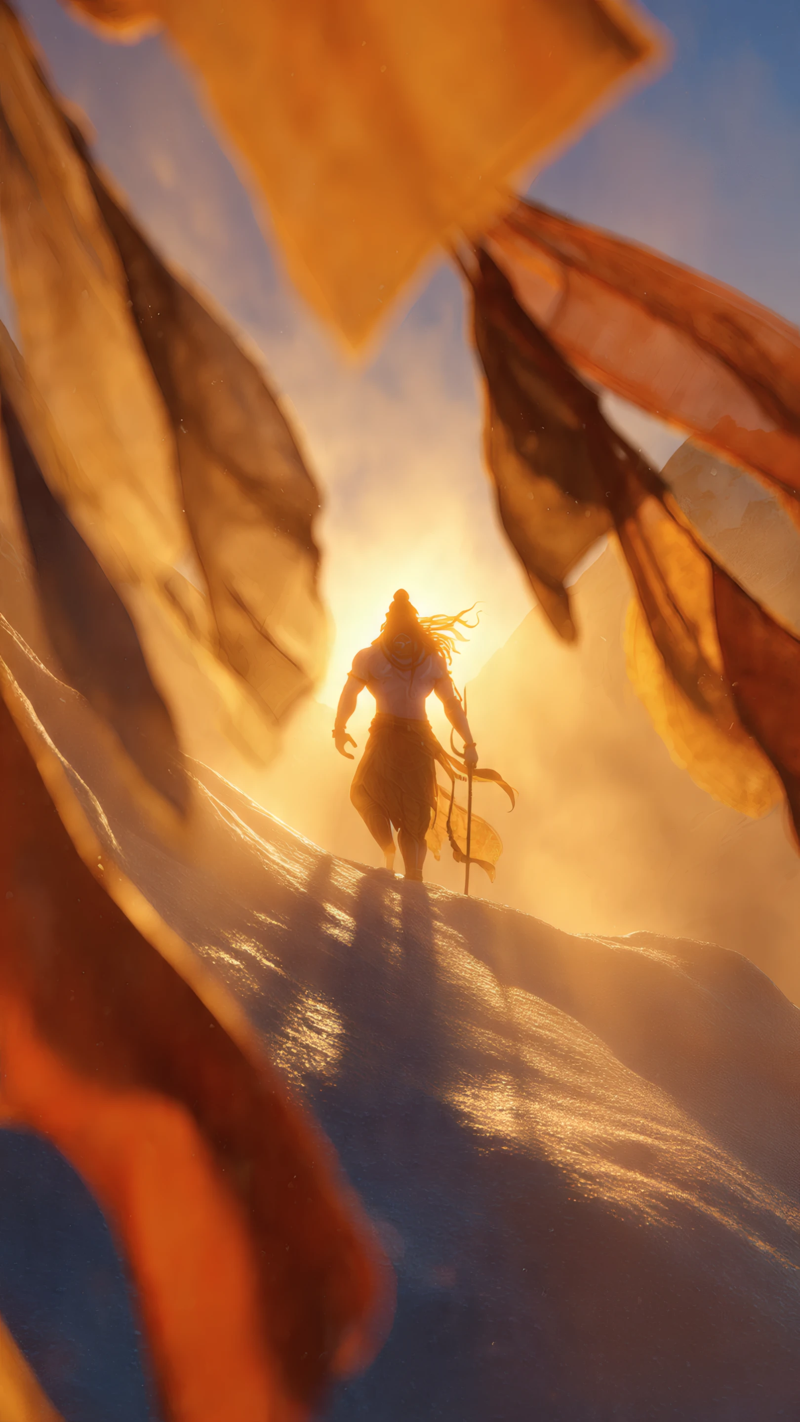Silhouette of Shiva on Snowy Mountain at Sunset