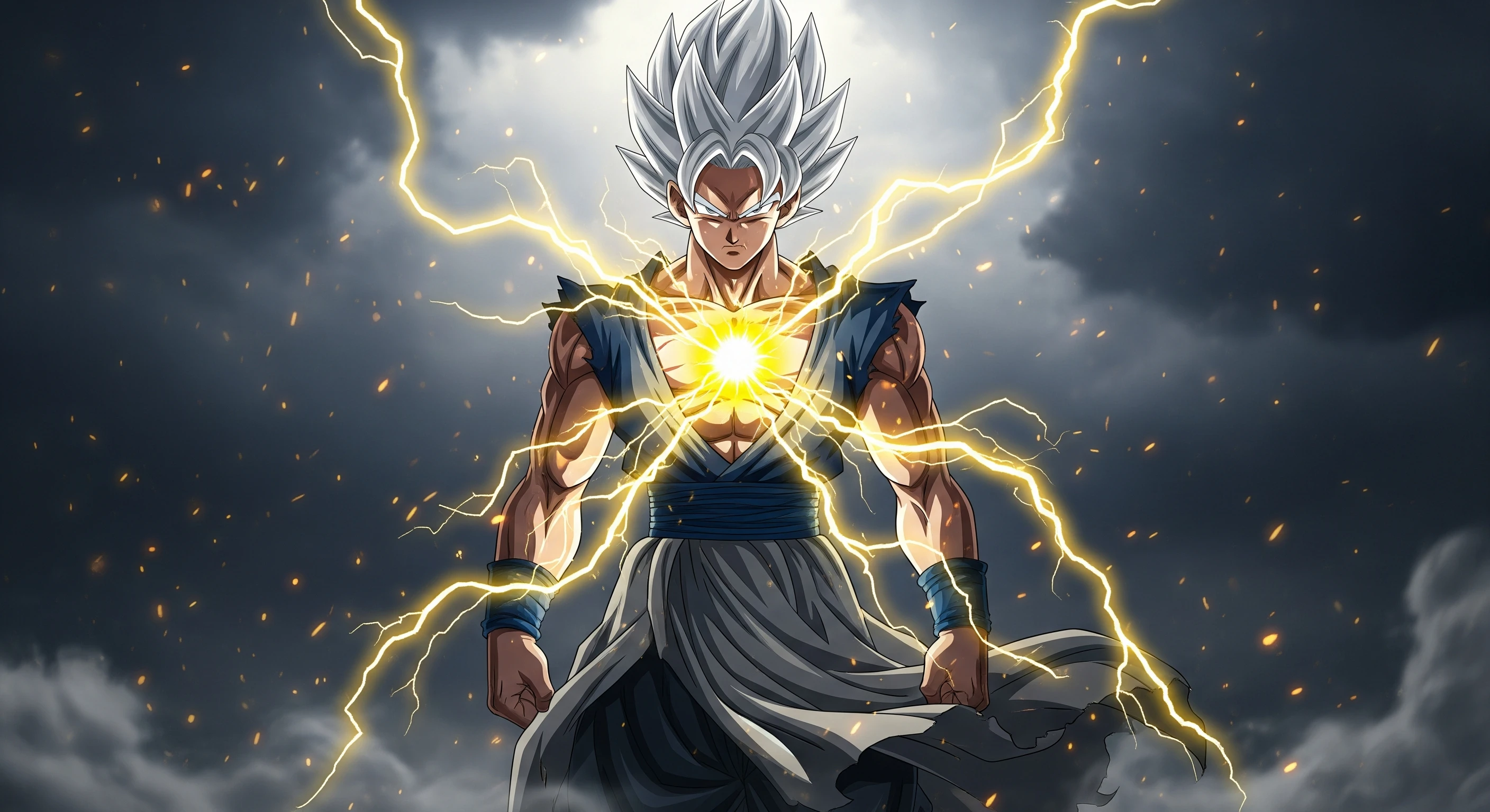 Silver-haired Anime Hero with Electric Aura