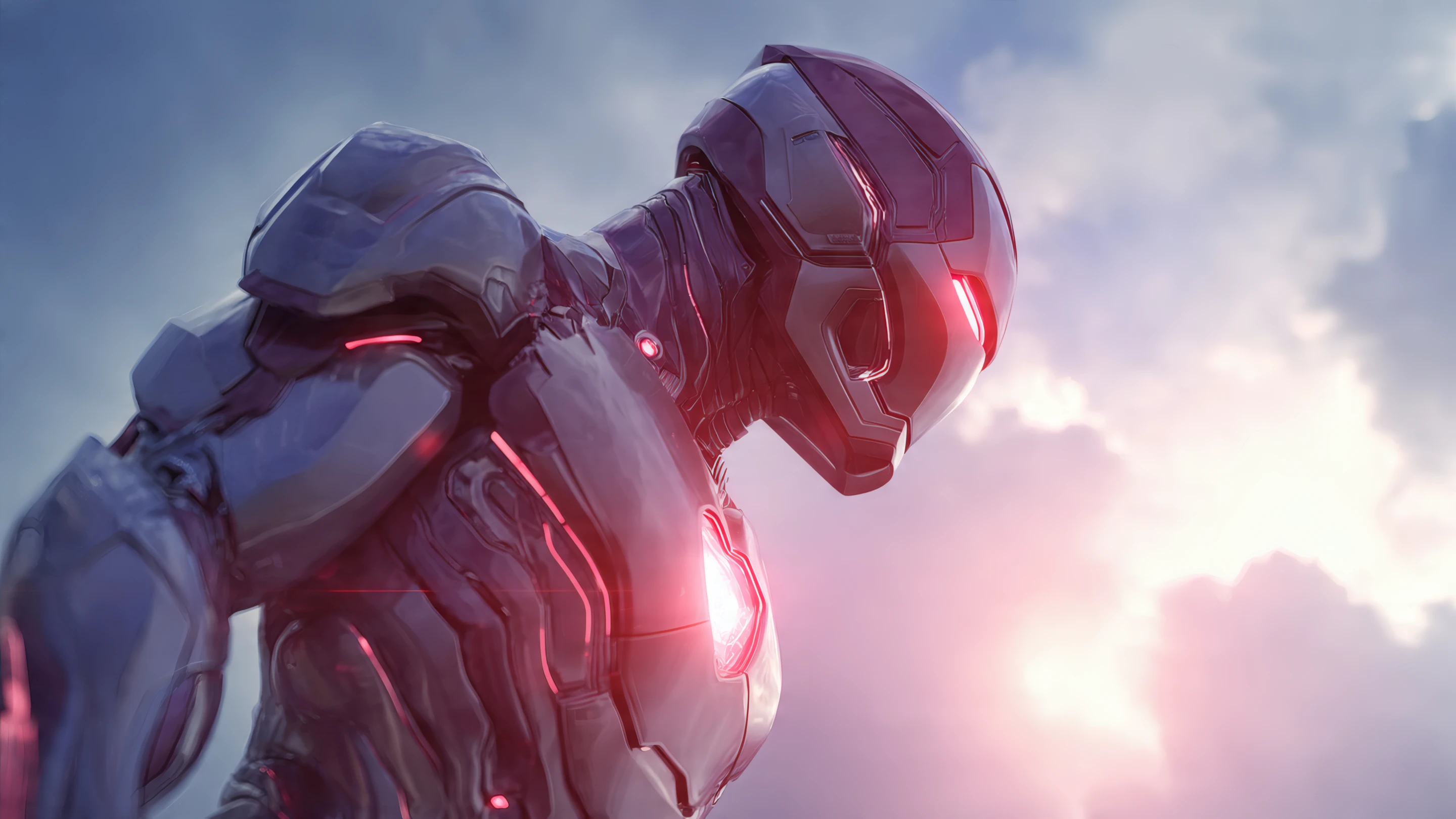 Sleek Armored Robot with Red Lights on Cloudy Day