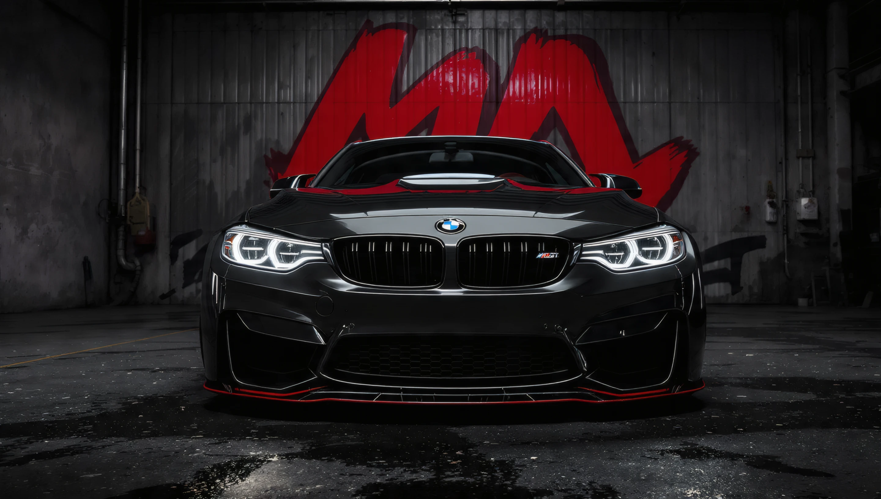 Sleek Black Bmw M4 with Red Accent Against Graffiti Wall