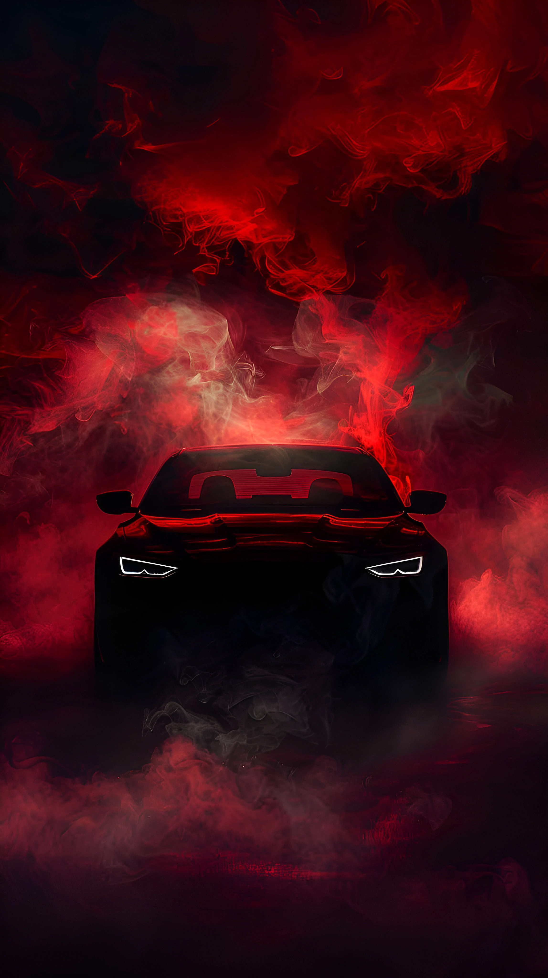 Sleek Black Car Engulfed in Crimson Smoke