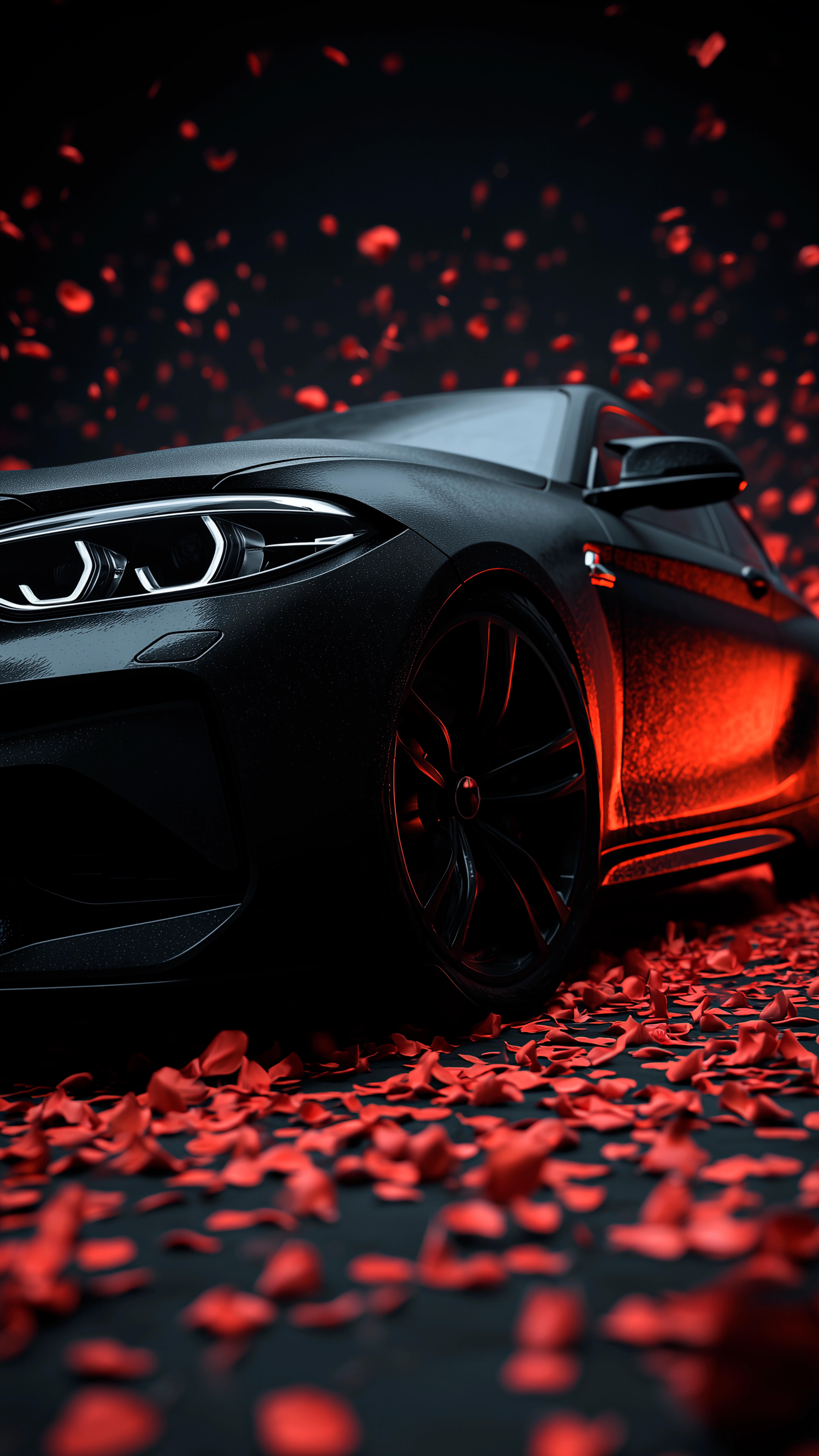 Sleek Black Car in a Shower of Red Petals