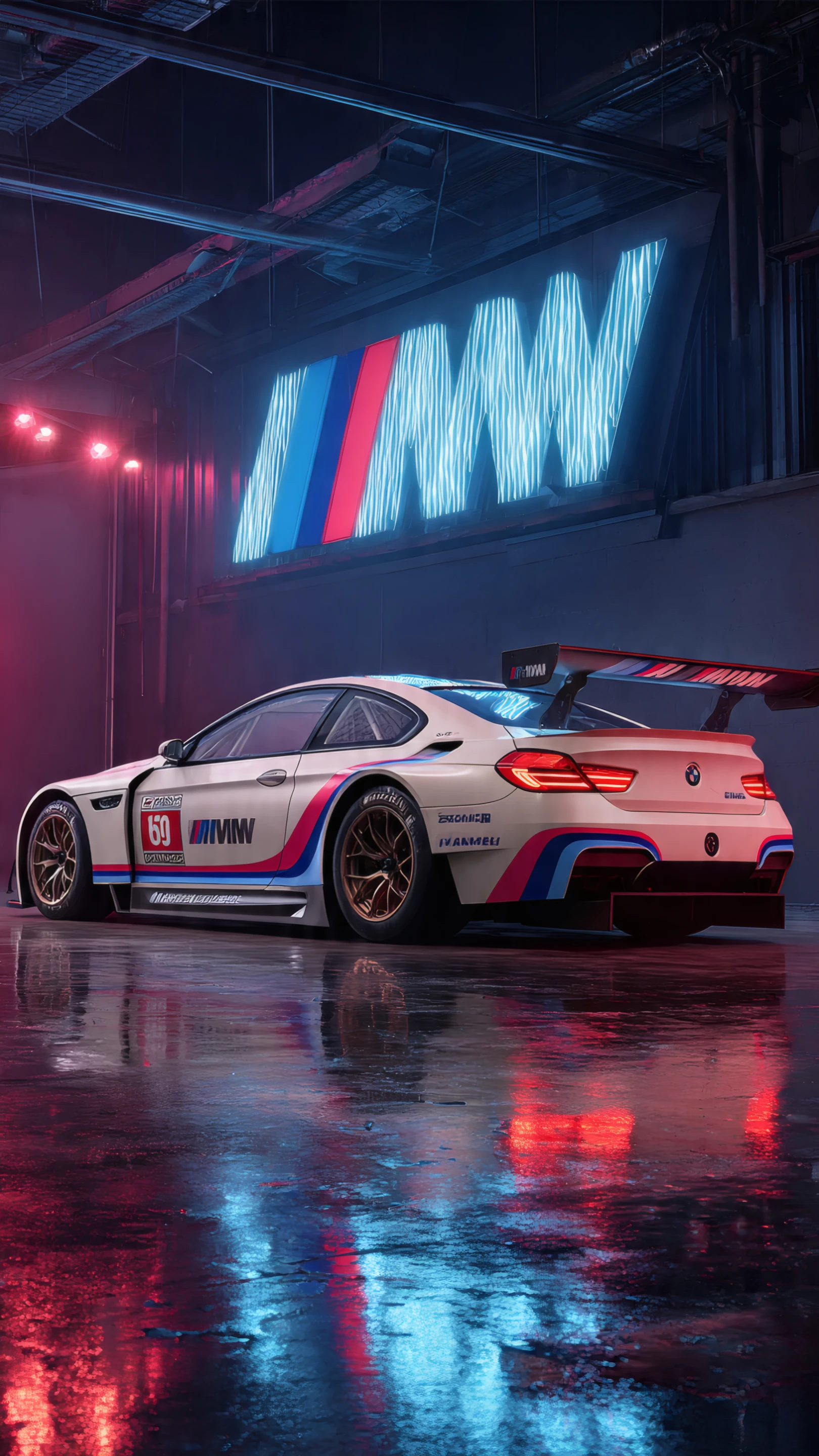 Sleek Bmw Race Car with Neon Logo in Dark Garage
