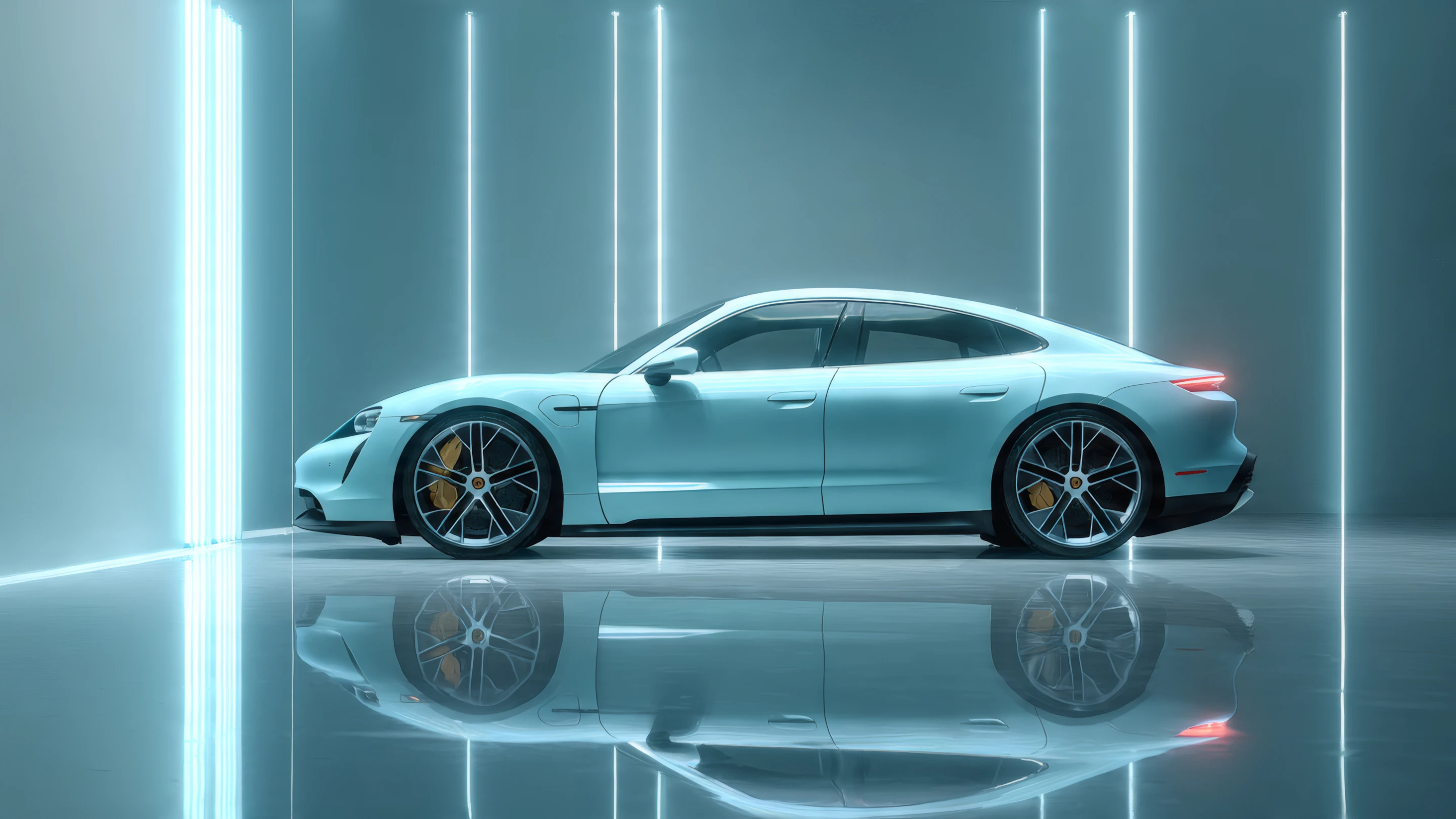 Sleek Light Blue Electric Car with Neon Lighting