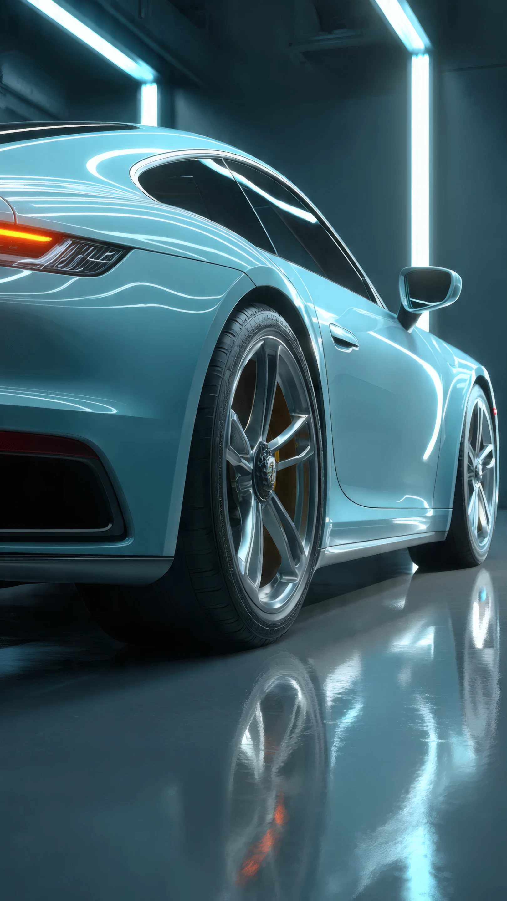 Sleek Light Blue Sports Car in Modern Garage Setting