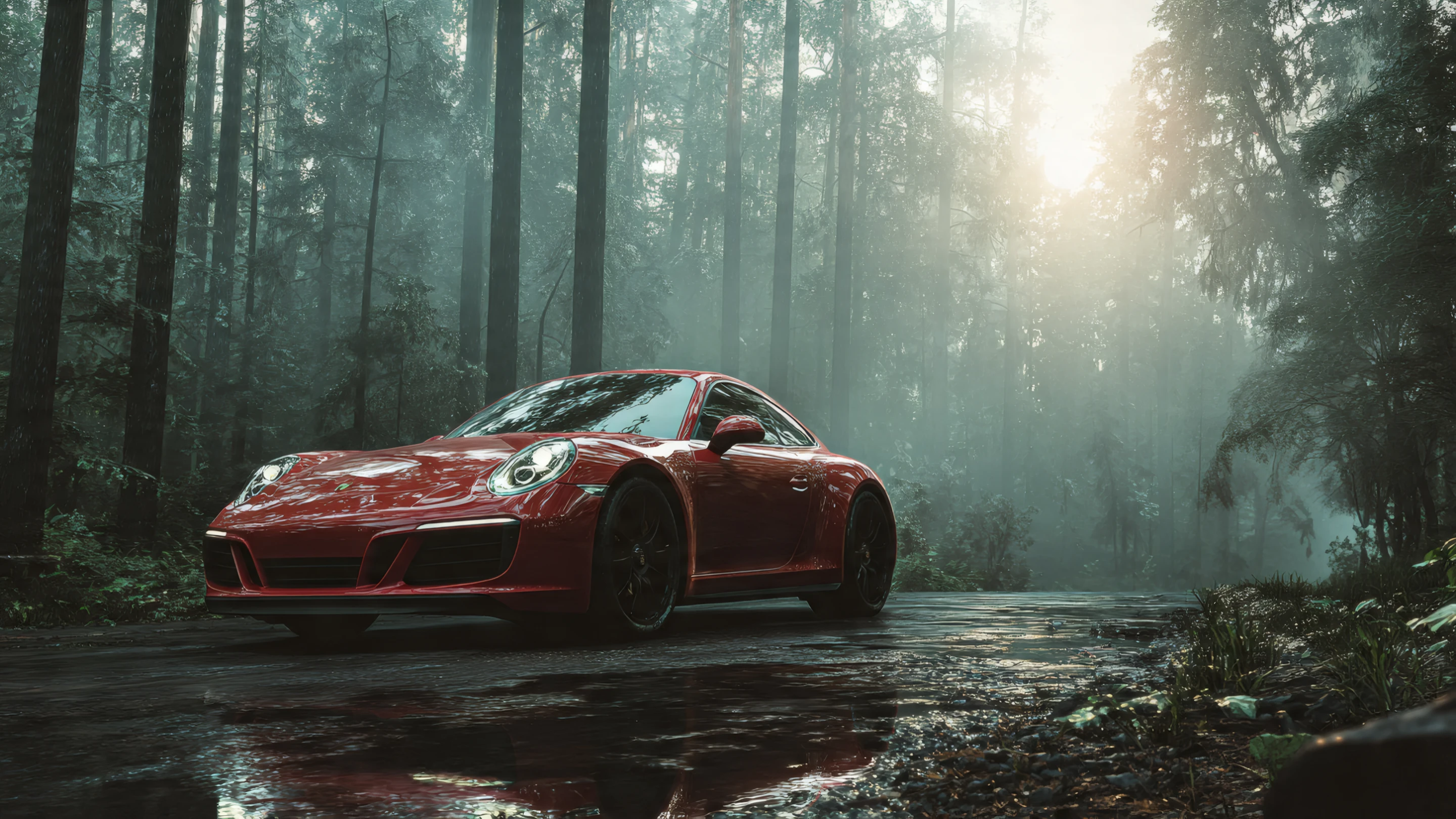 Sleek Red Car on Wet Road in Misty Forest