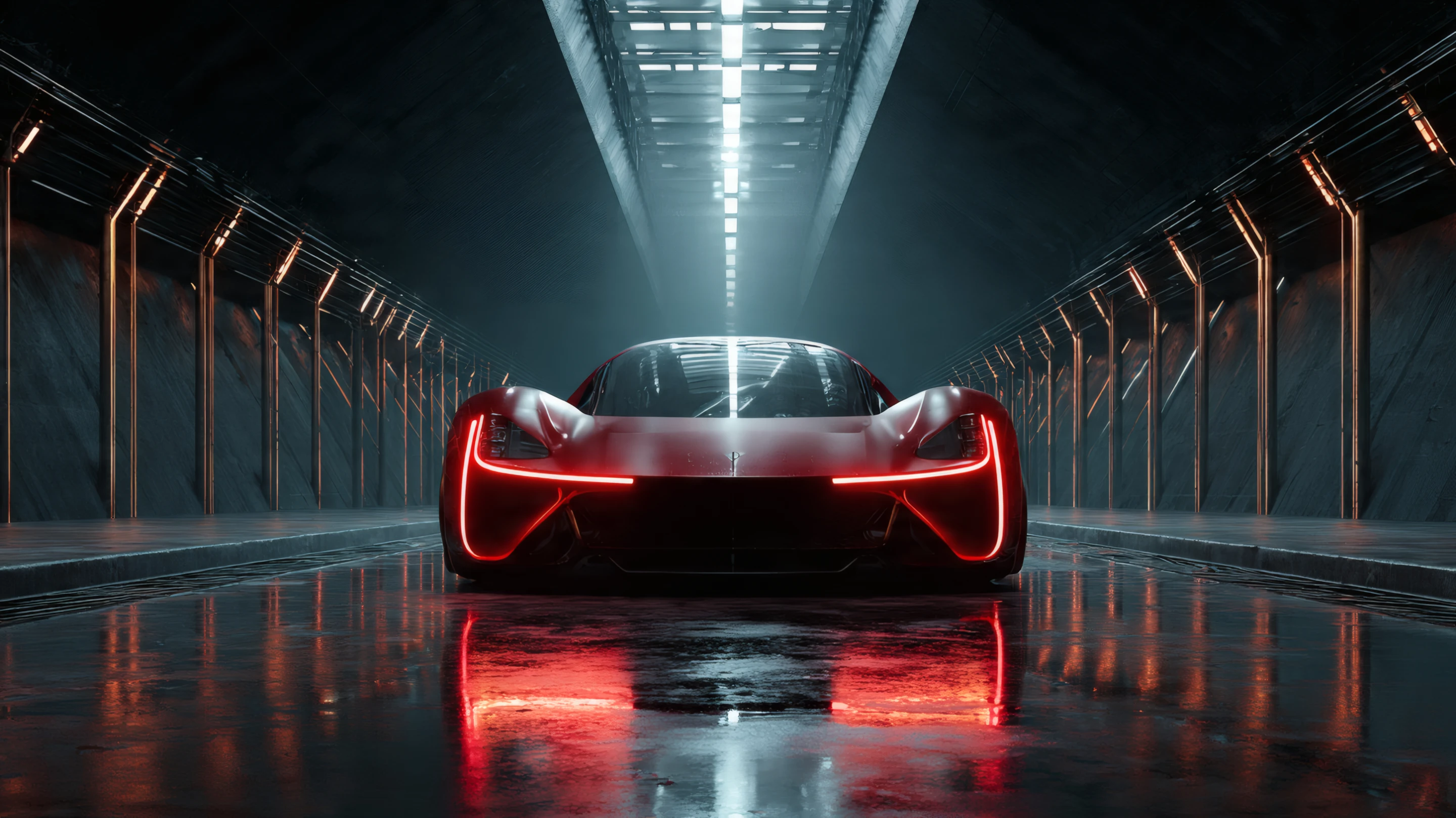 Sleek Red Sports Car with Neon Lights in Tunnel