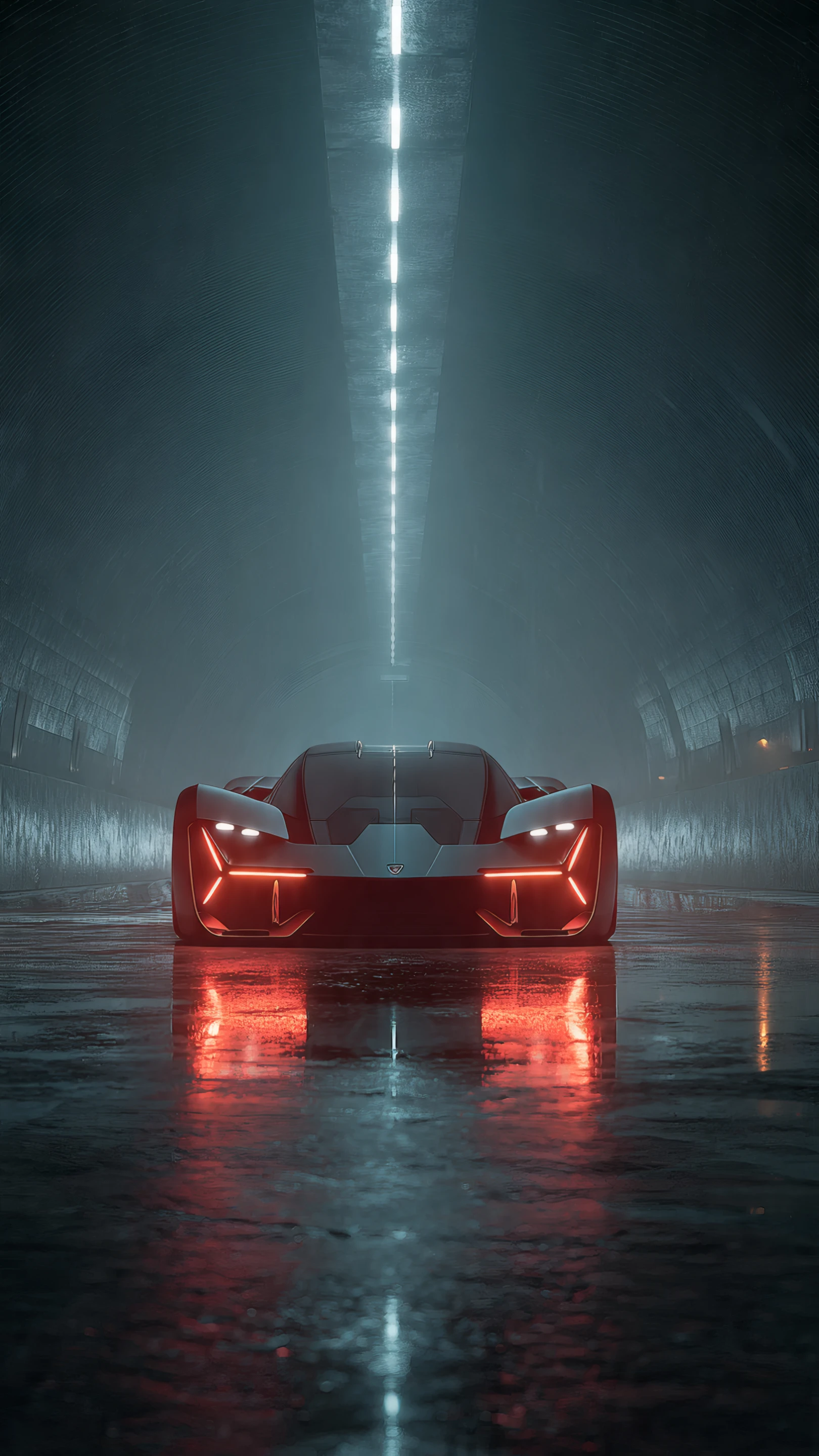 Sleek Sports Car with Red Lights in Tunnel