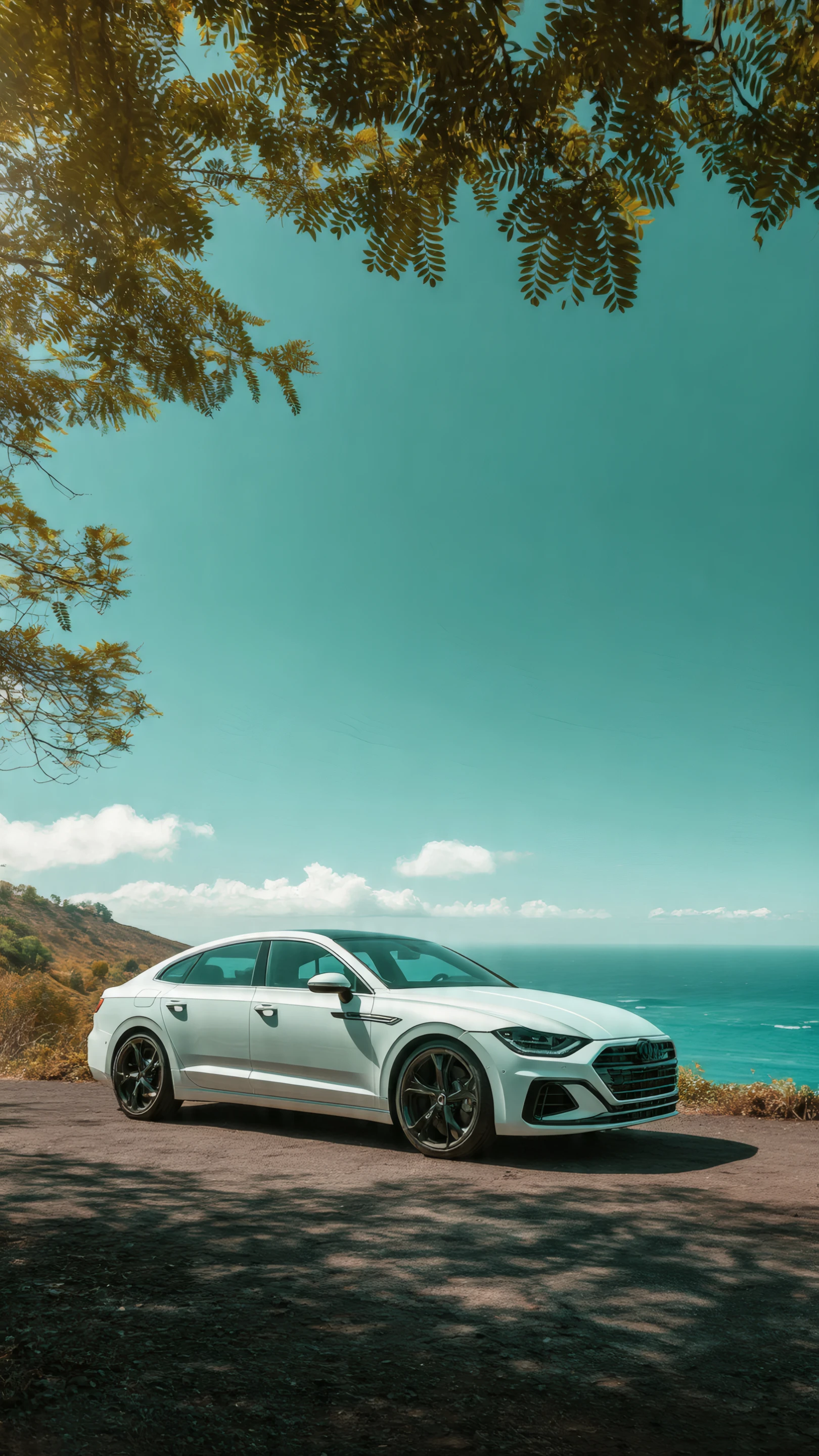 Sleek White Car with Ocean Backdrop and Leafy Foreground