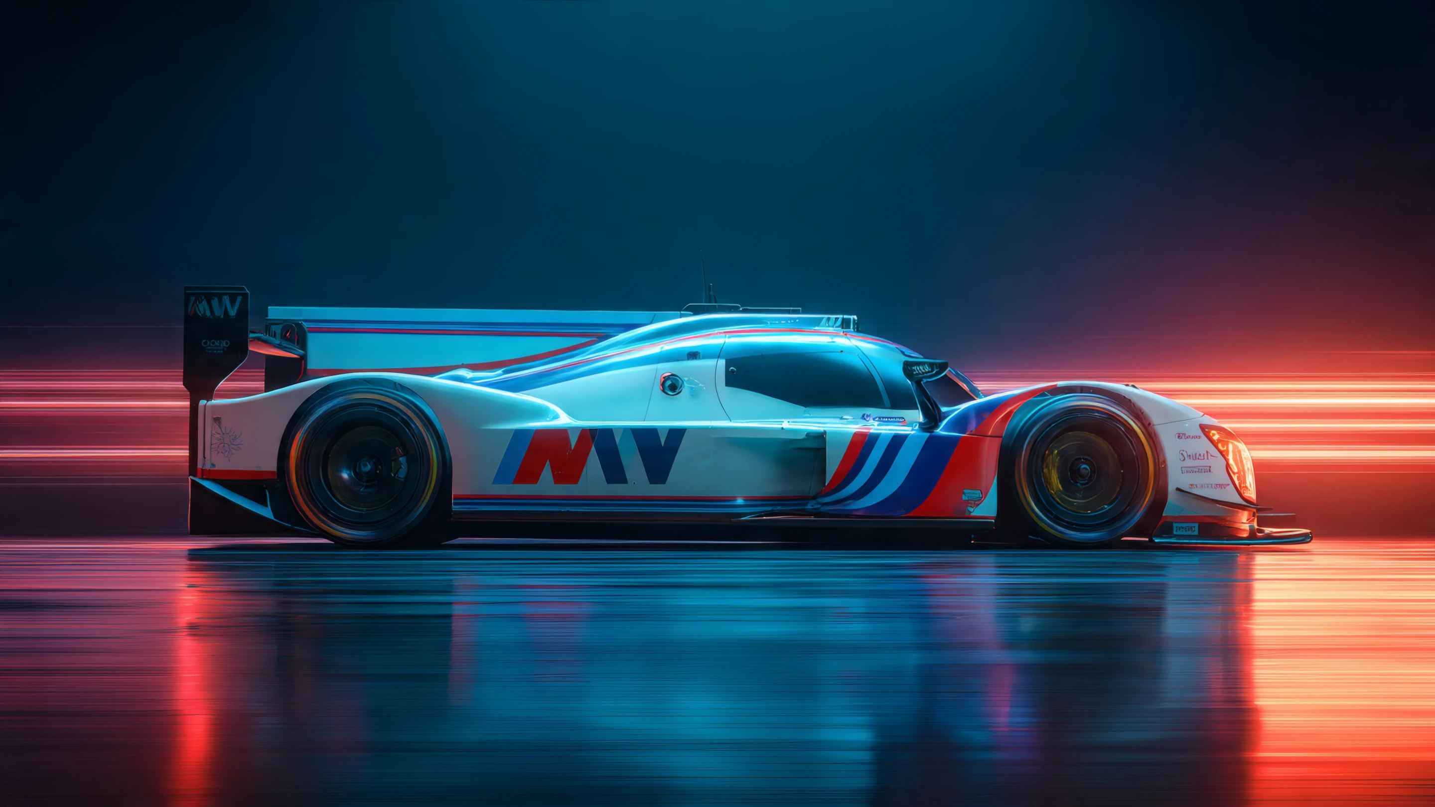 Sleek White Race Car with Red and Blue Stripes