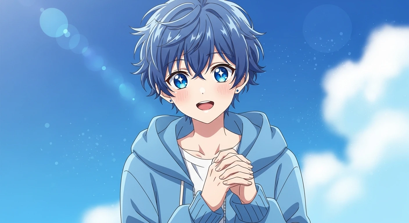 Smiling Anime Boy in Blue Hoodie Against Sky
