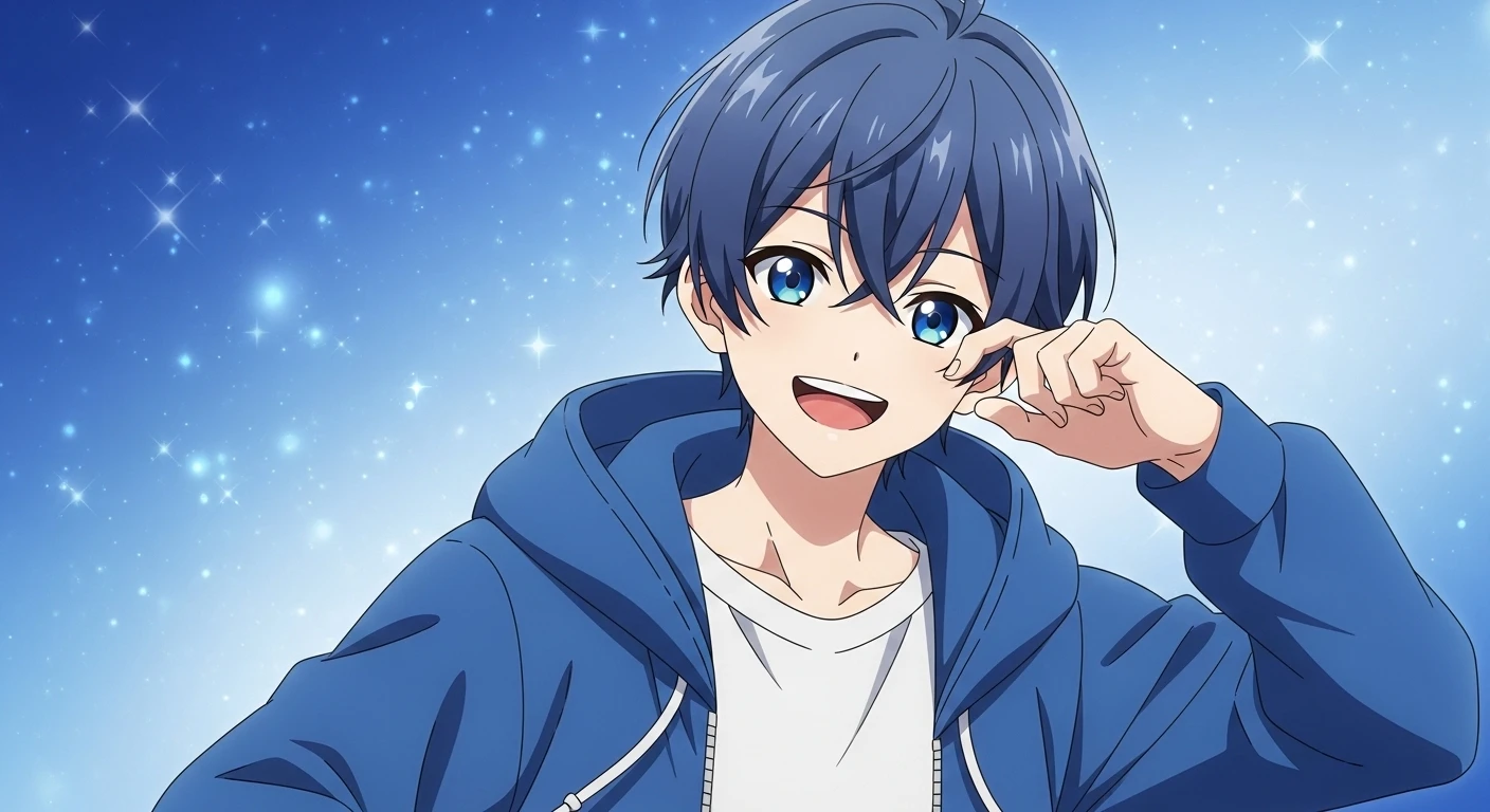 Smiling Anime Boy in Blue Hoodie Under Starlit Sky