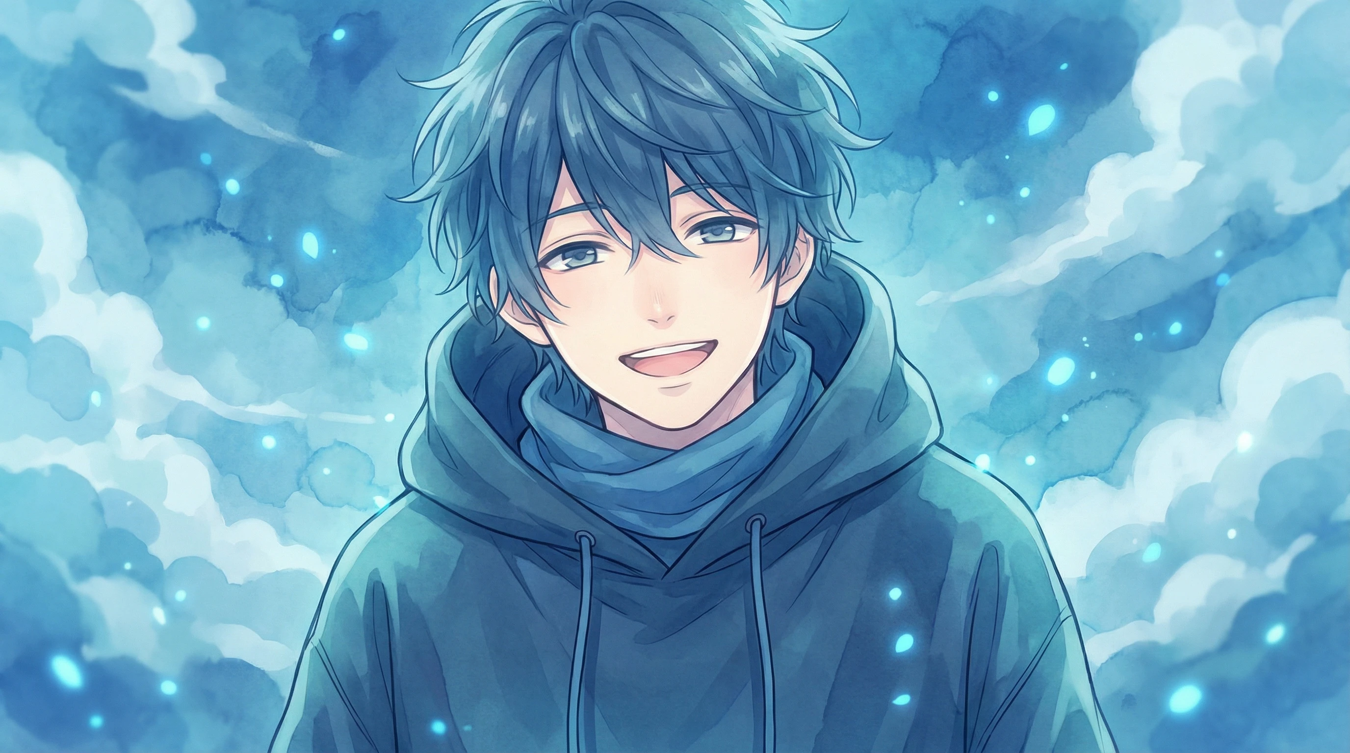Smiling Anime Boy in Watercolor Sky