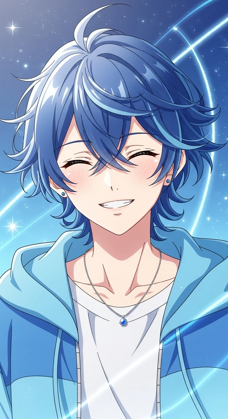 Smiling Anime Boy with Azure Hair and Starlight