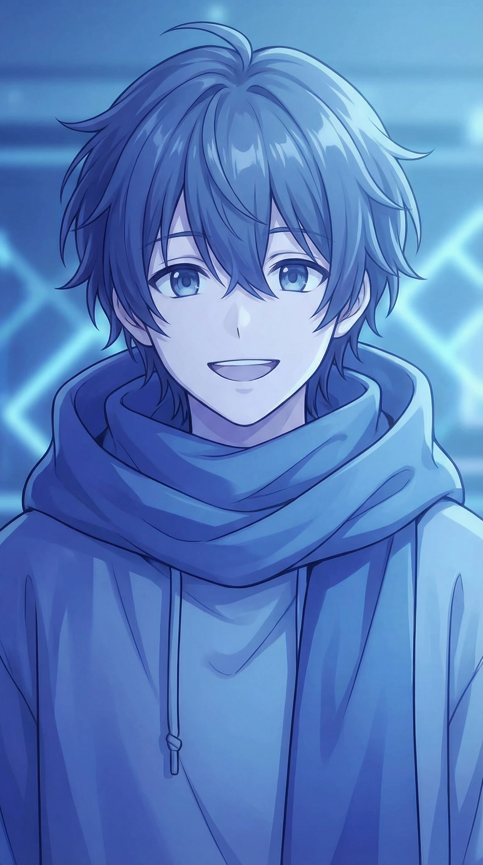 Smiling Anime Boy with Blue Hoodie and Scarf