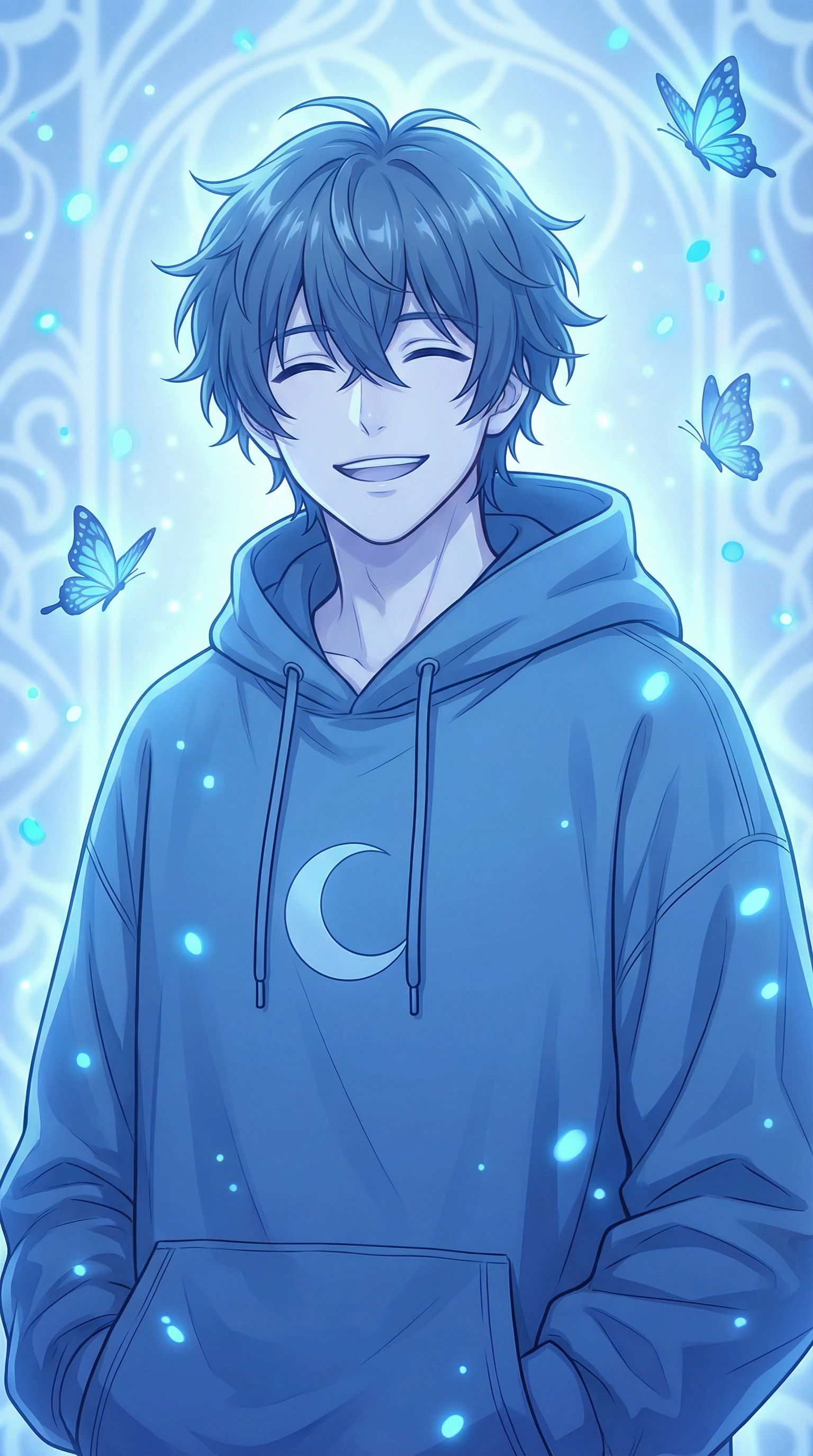 Smiling Anime Boy with Butterflies in Blue Tones