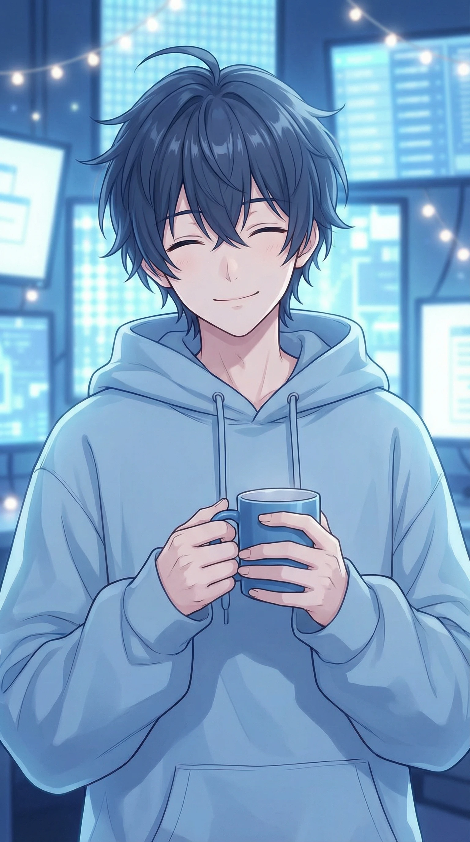 Smiling Anime Boy with Mug in Blue Hoodie