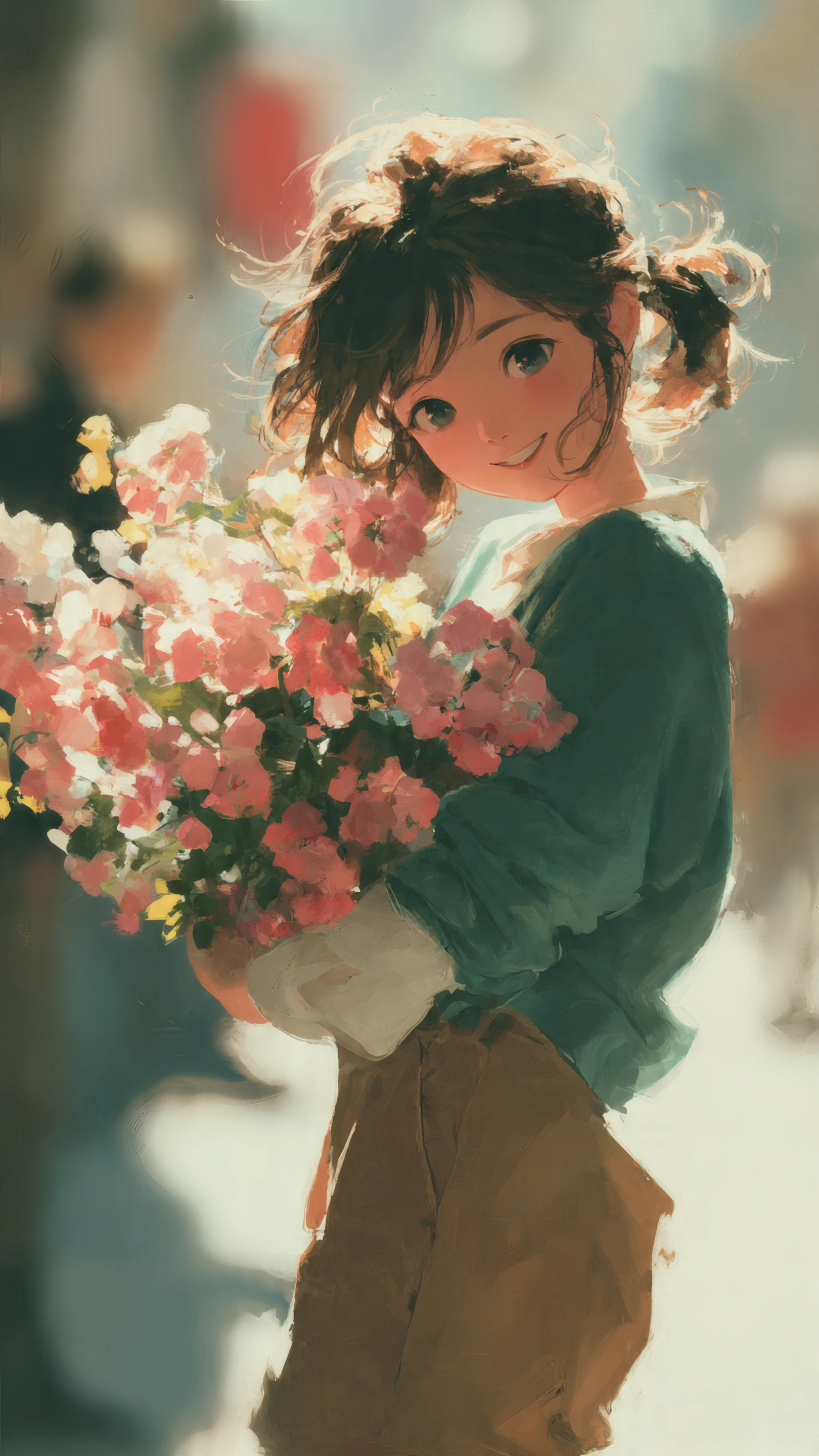 Smiling Anime Girl Holding Pink Flowers in Sunlight