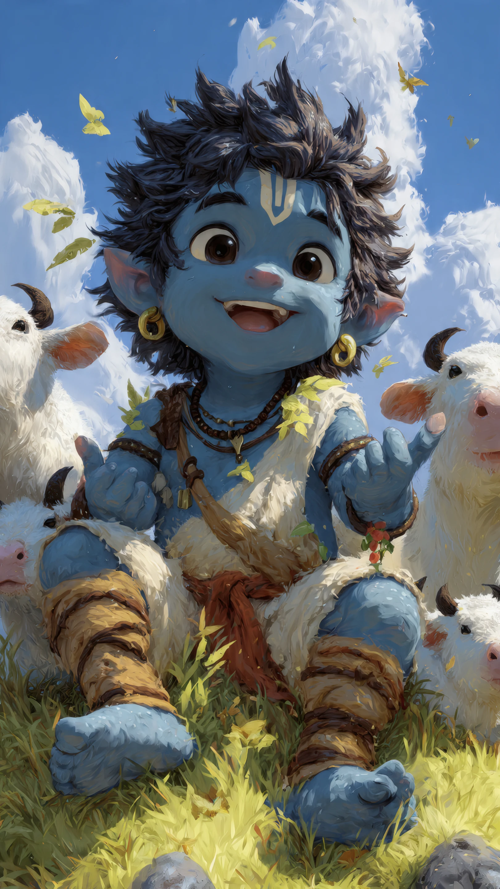 Smiling Cartoon Boy with Cows in a Meadow