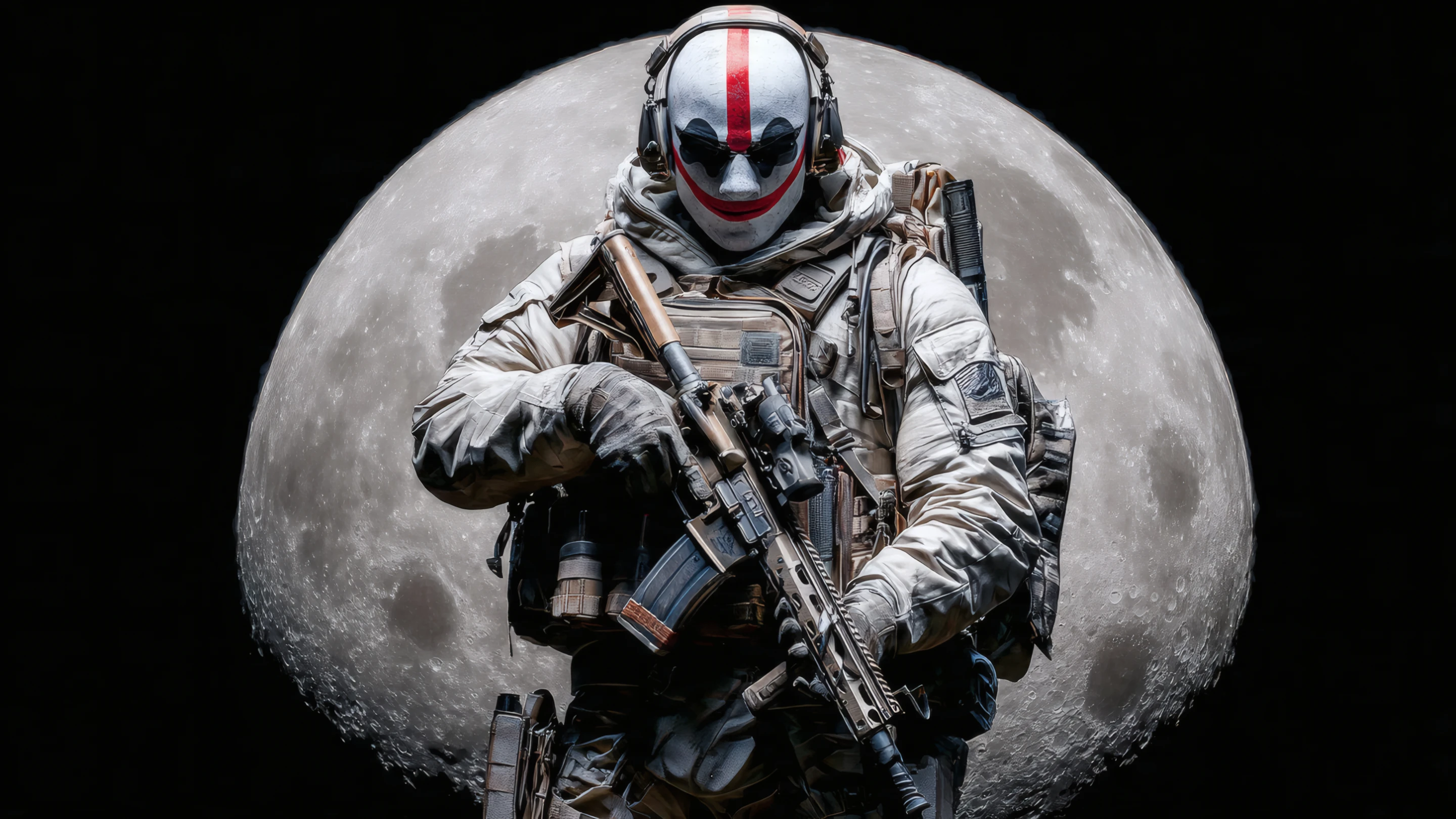 Soldier with Mask and Rifle Against a Full Moon