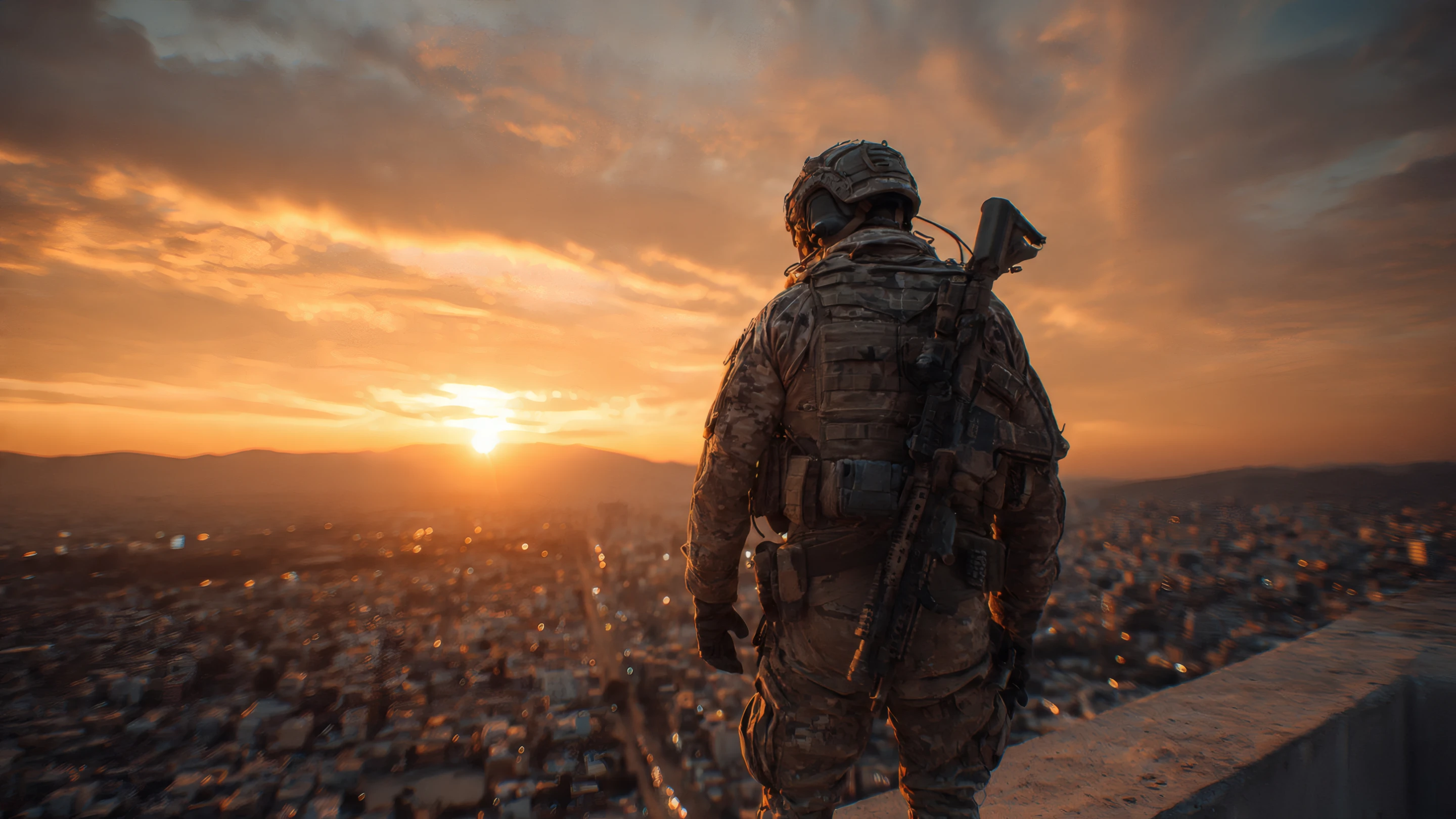 Solemn Soldier Silhouette Against a Fiery Sunset Sky