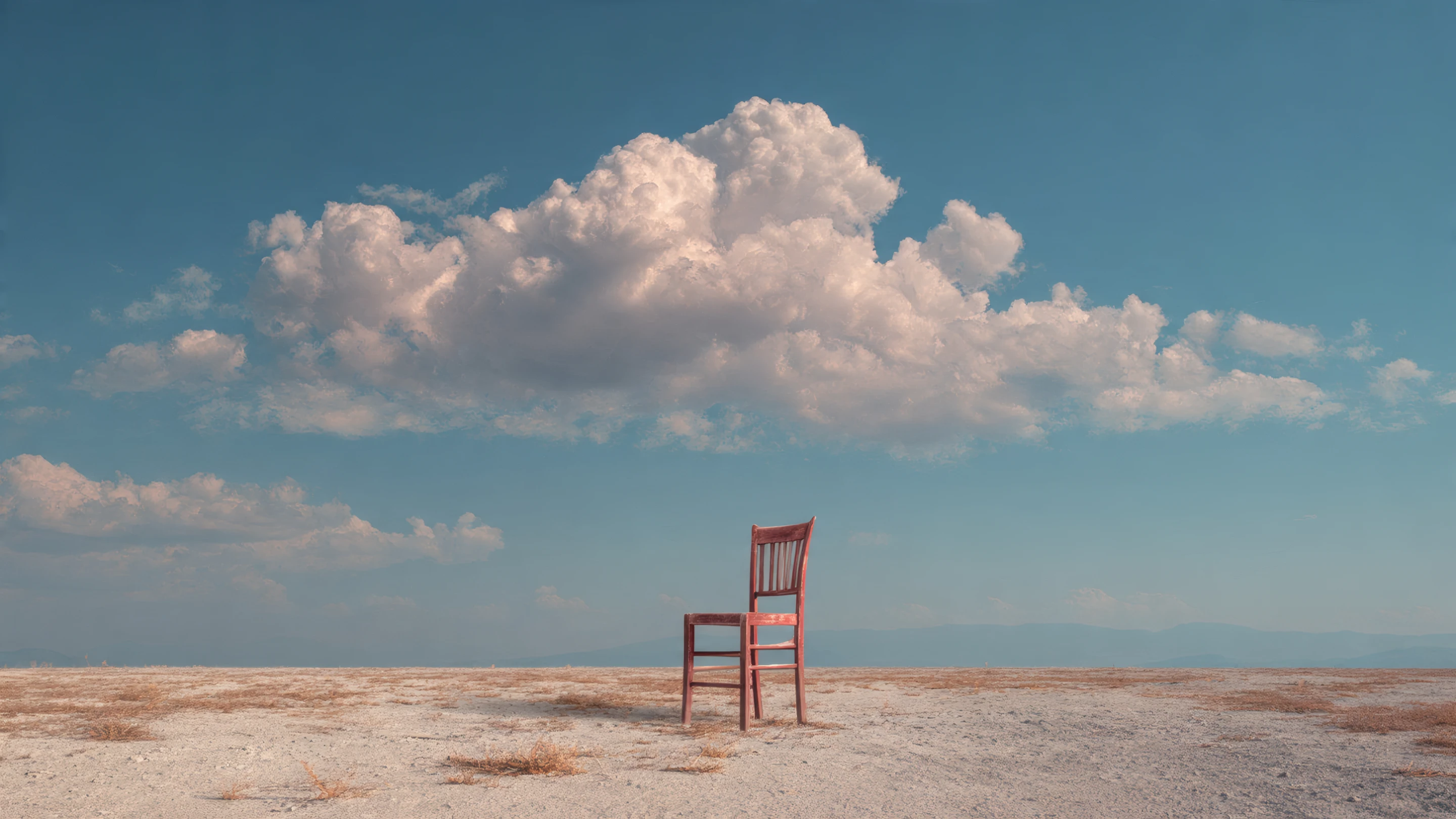 Solitary Wooden Chair on Arid Land Under Cloudy Sky