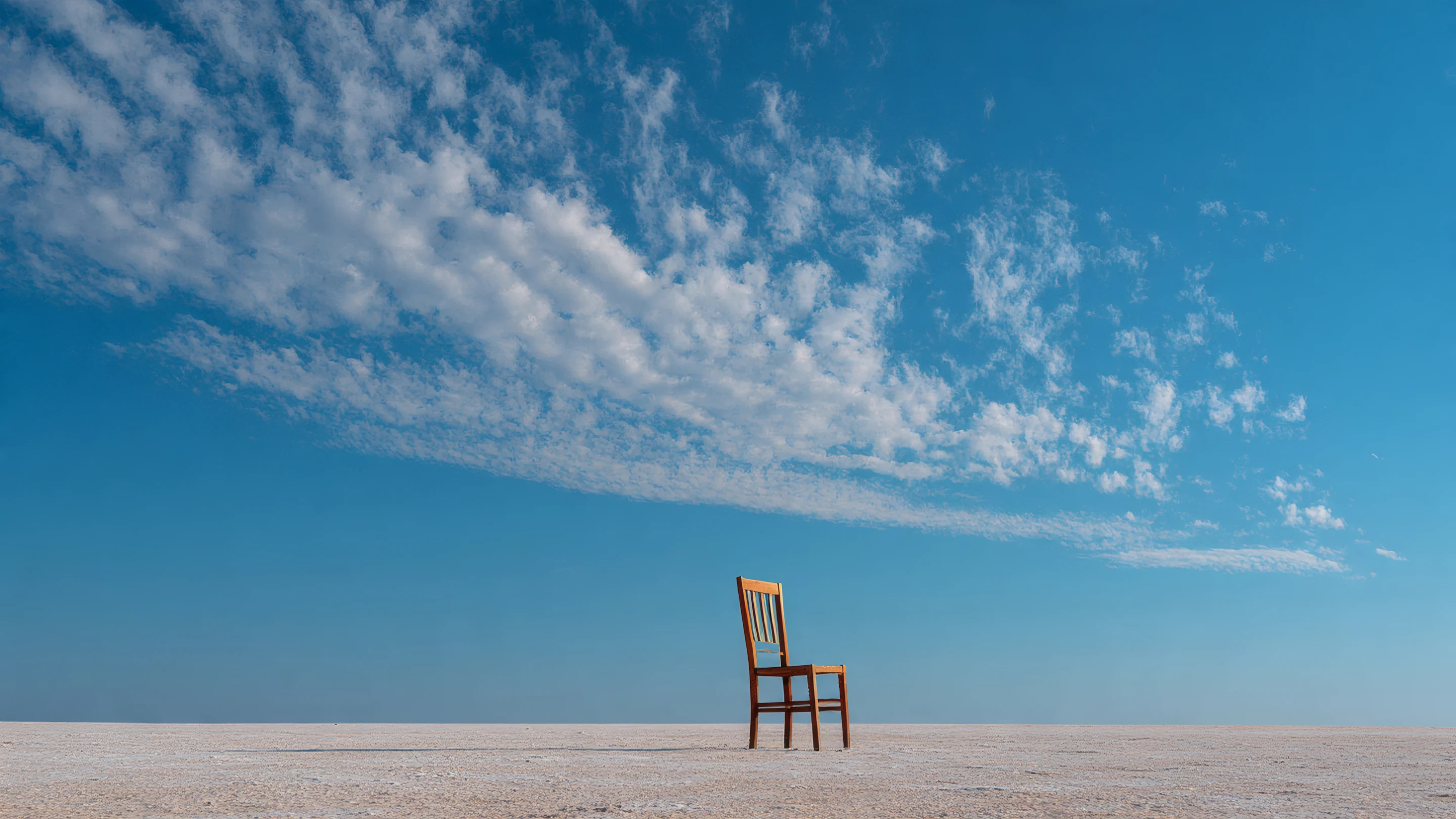 Solitary Wooden Chair on Salt Flats Under Blue Sky