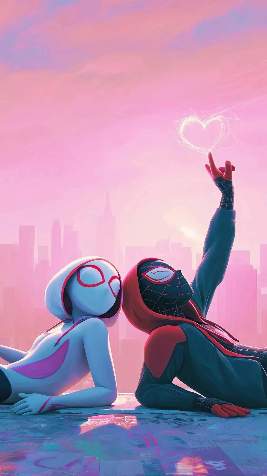 Spider-gwen and Miles Draw Heart in Pink Sky