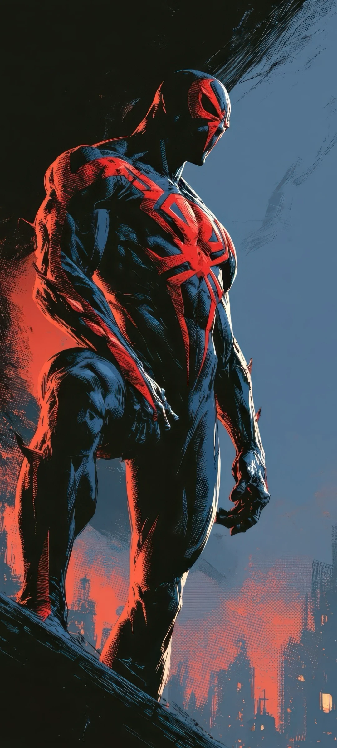 Spider-man 2099 Crouching Amidst Neon Dystopian Shadows Spider Man wallpaper 1080x2400