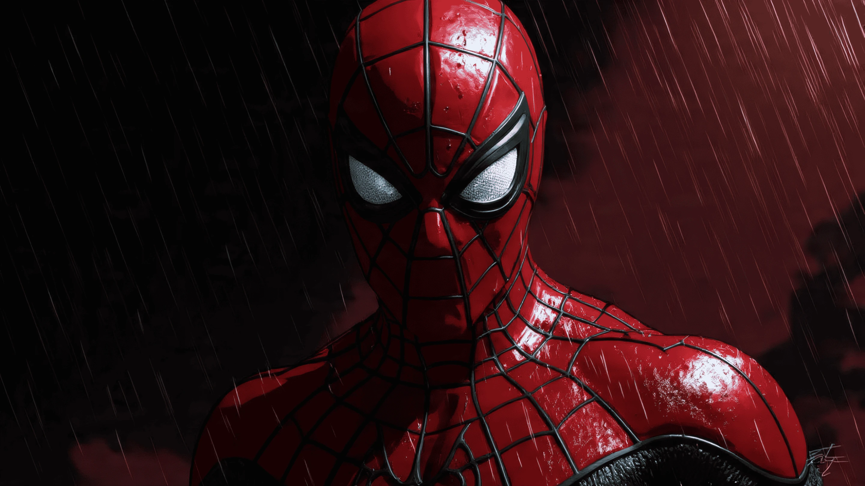 Spider-man Close-up in the Rain on a Dark Background Wallpaper