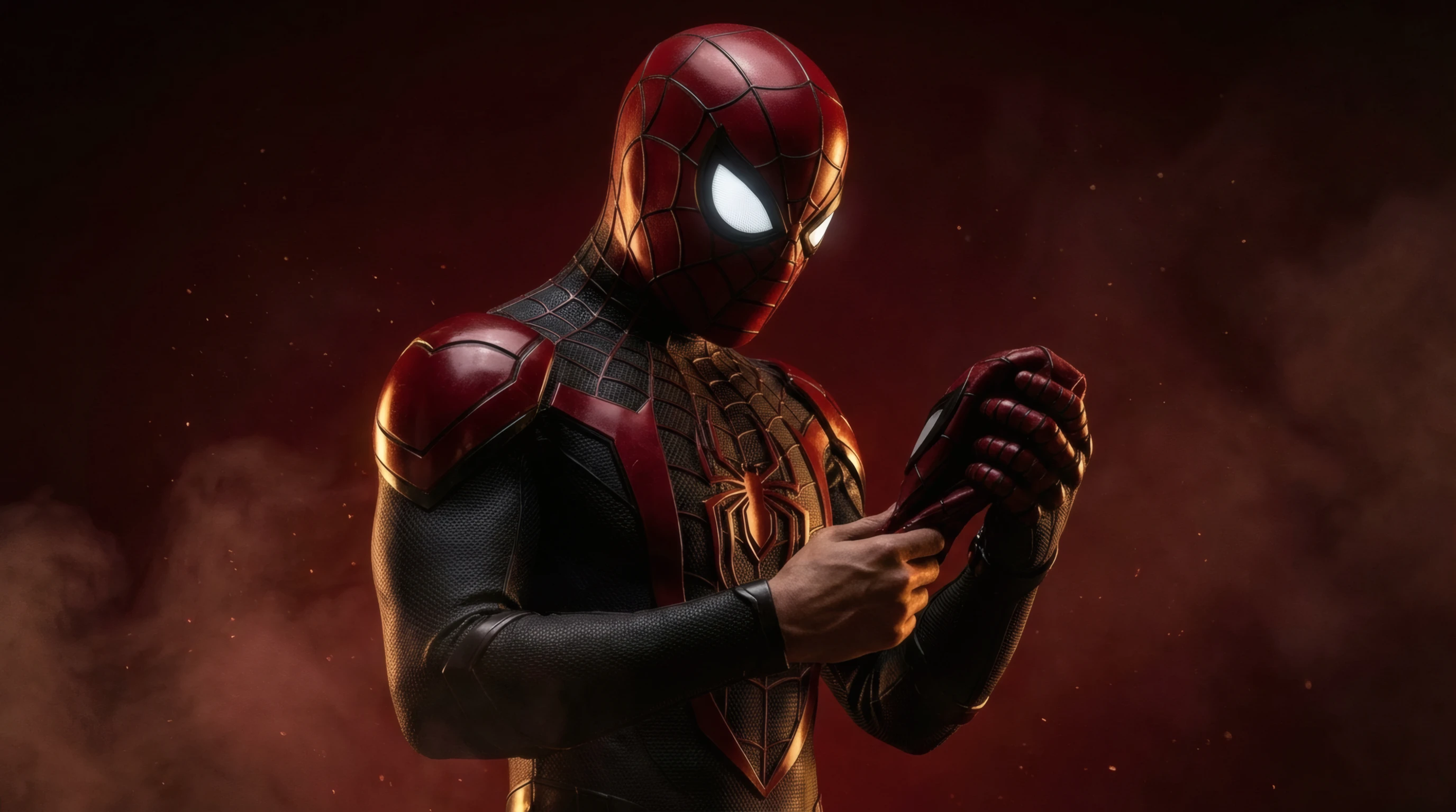 Spiderman in Crimson Suit Holding Mask