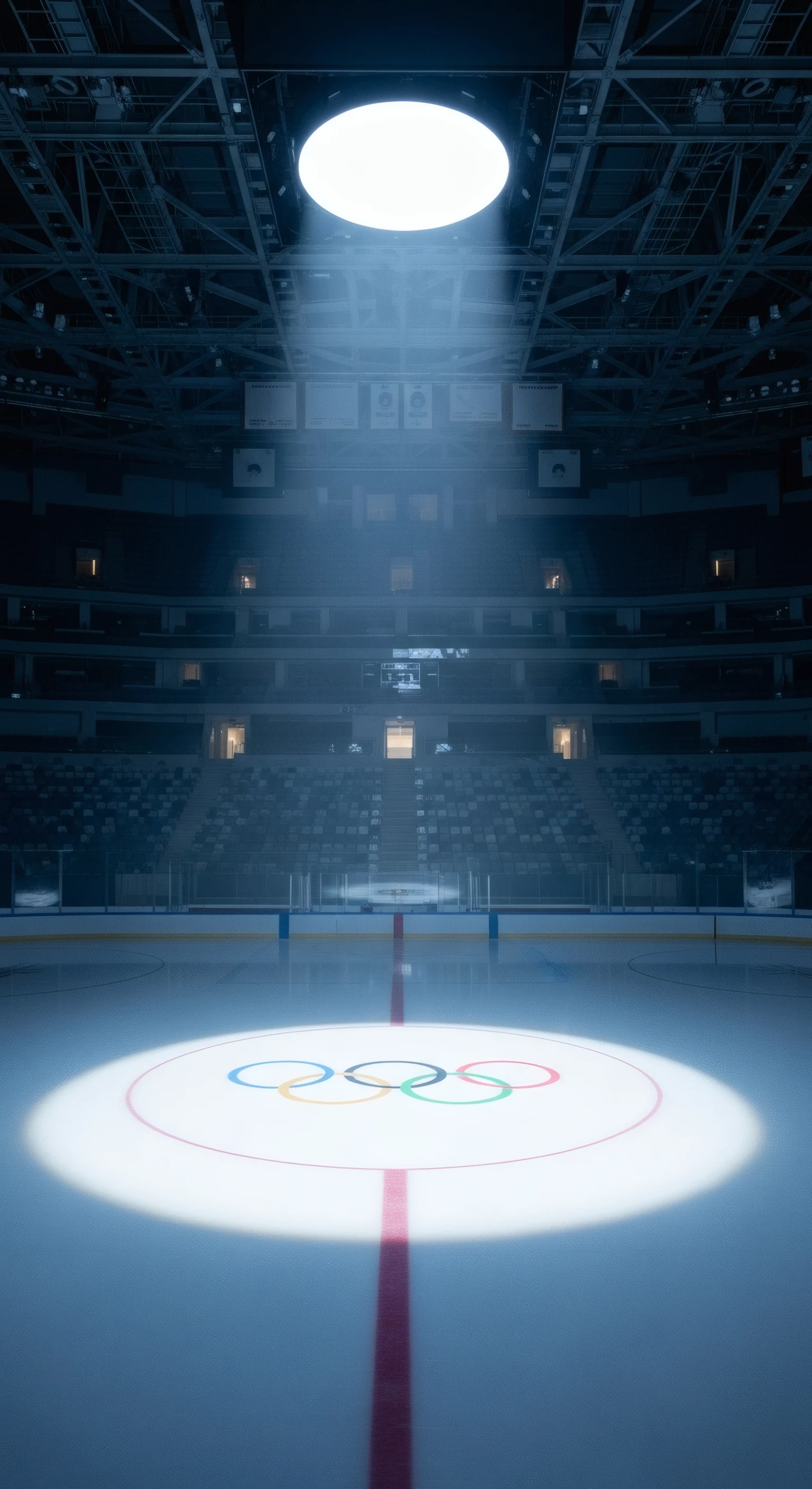 Spotlit Olympic Rings on Empty Ice Rink