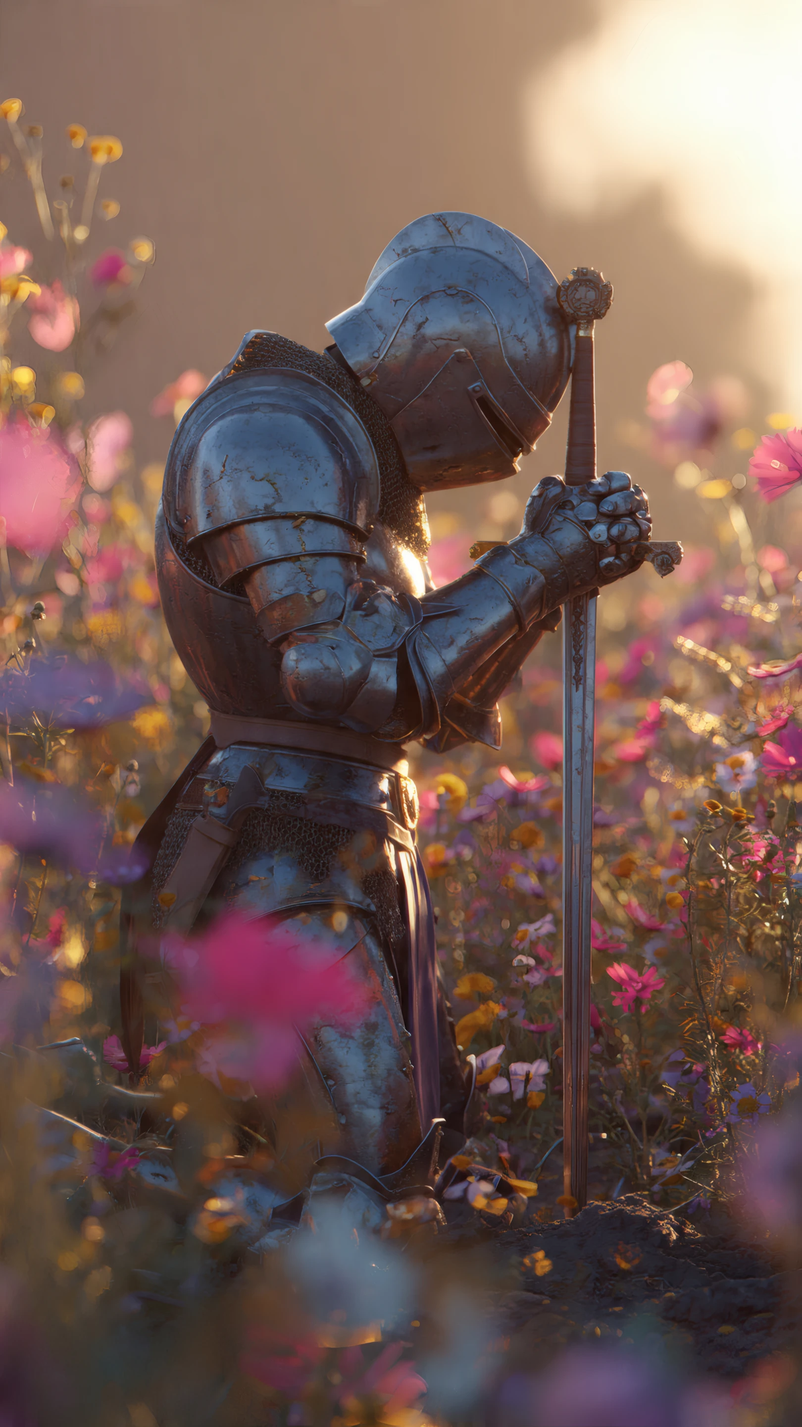 Steel Knight's Prayer Among Wildflowers at Sunset