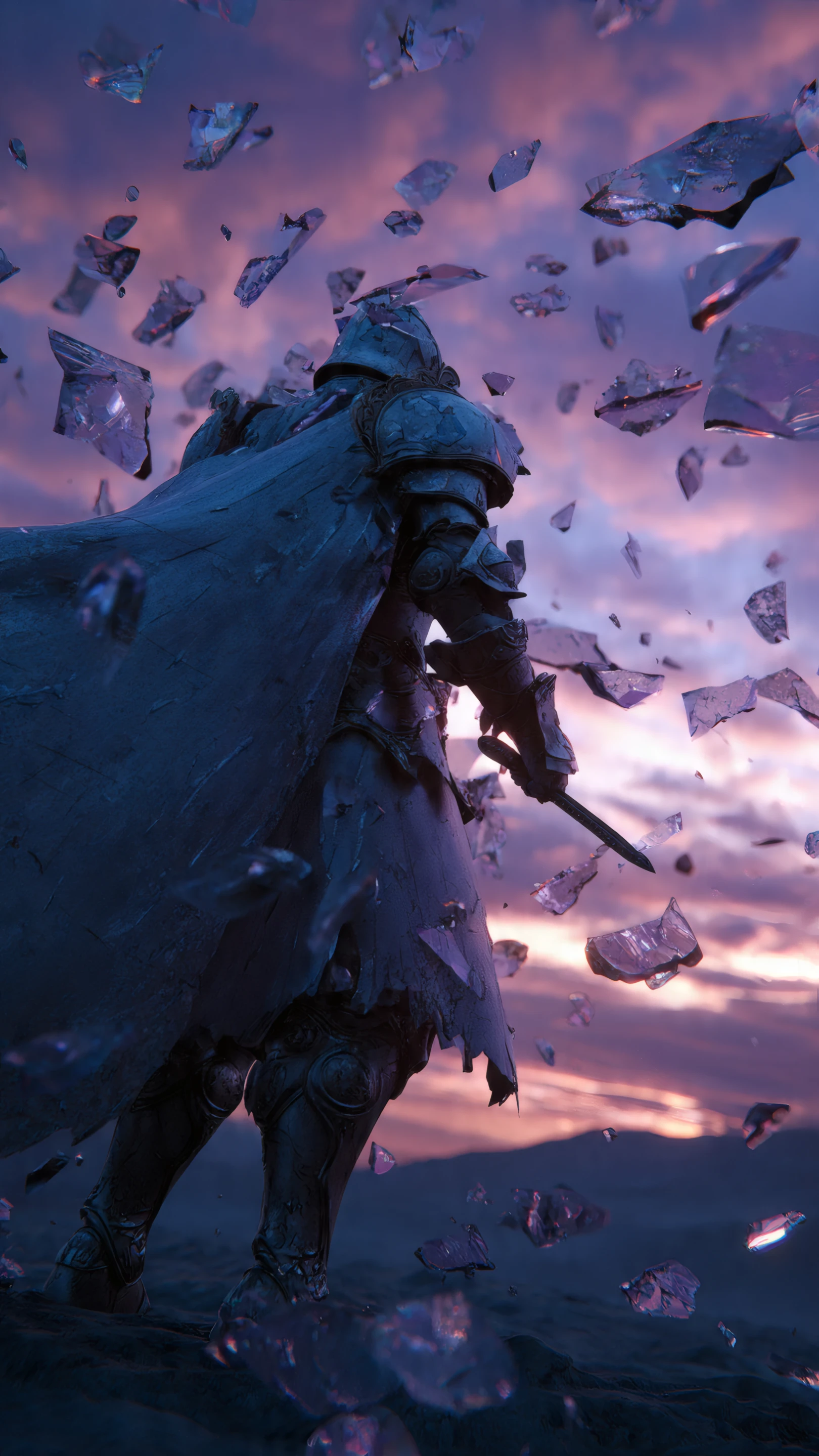 Stoic Knight Amidst Shattered Reflections at Dusk