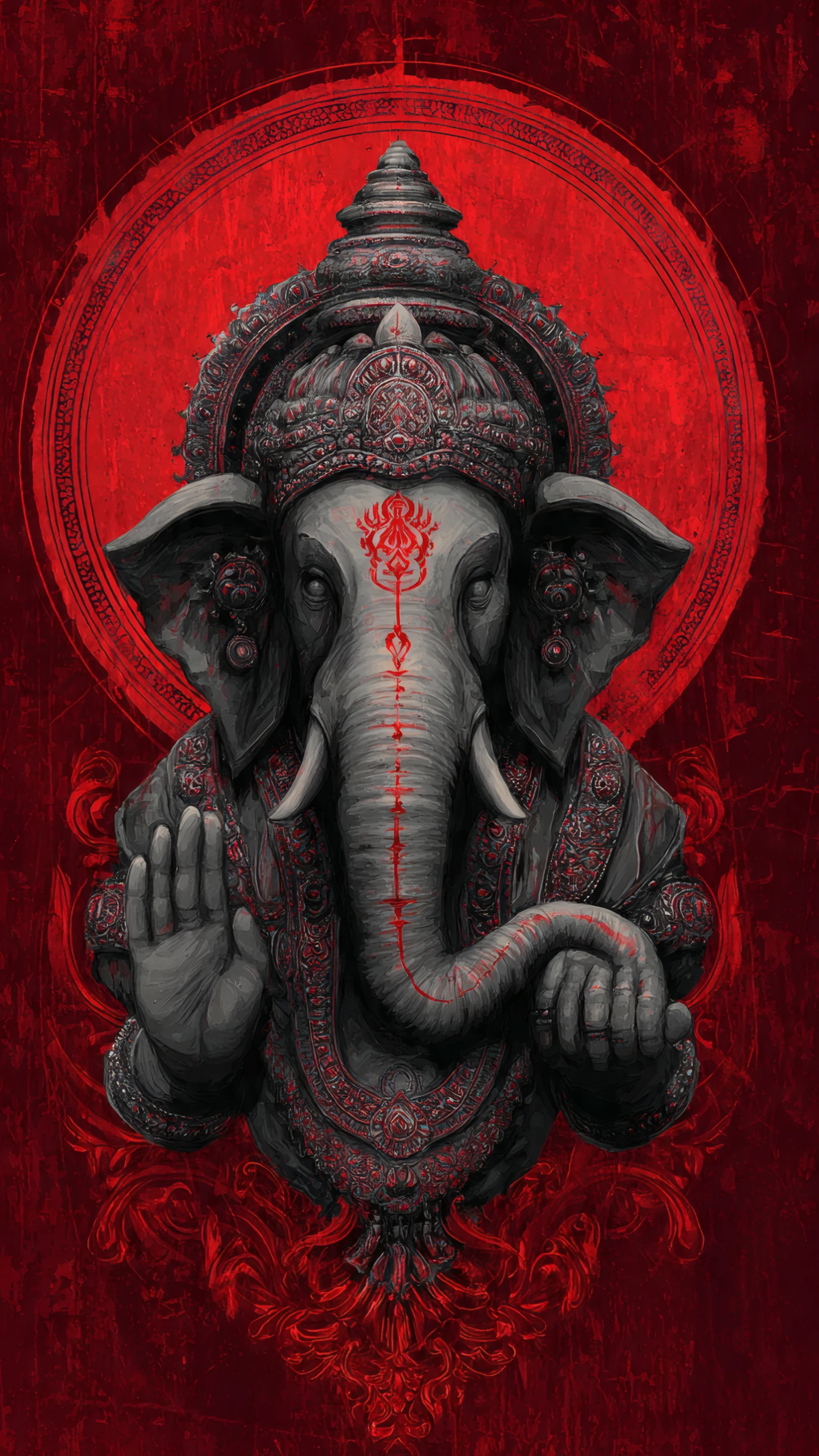 Striking Red and Gray Illustration of Lord Ganesha